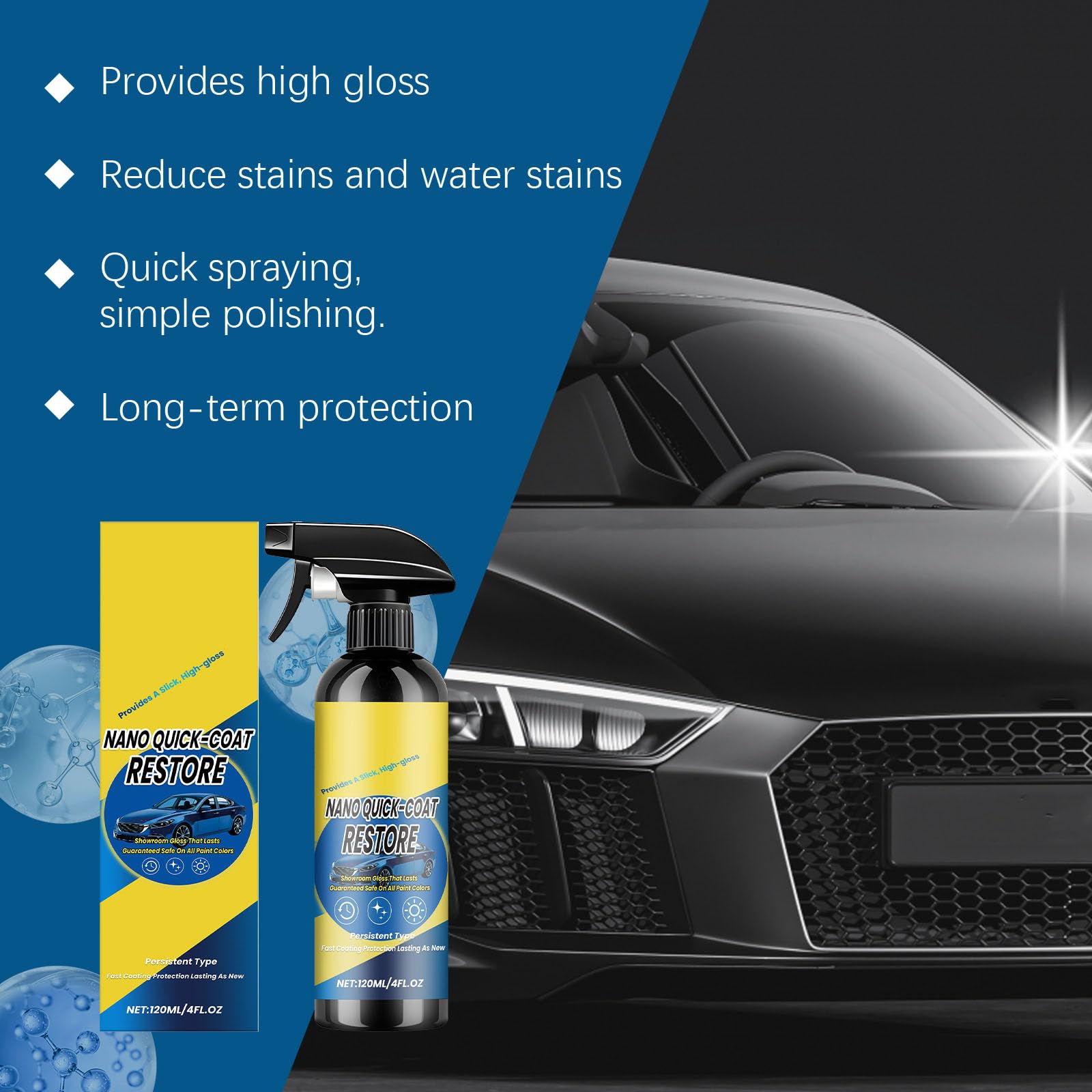 Nano Quick Coat Odbudowujący Spray, Zaawansowany 3 w 1 Szybkie działanie Powłoka Samochodowa, Ceramiczne Spray Powłoka Bezwodna, Ochrona lakieru i polerowania (6 sztuk)