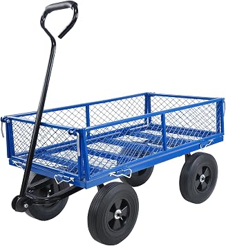 Heavy Duty 480 Lbs Capacity Mesh Steel Garden Cart Folding Utility Wagon with Removable Sides, Solid Wheels Tools Cart Wagon Cart, Easier to Transport Firewood Blue