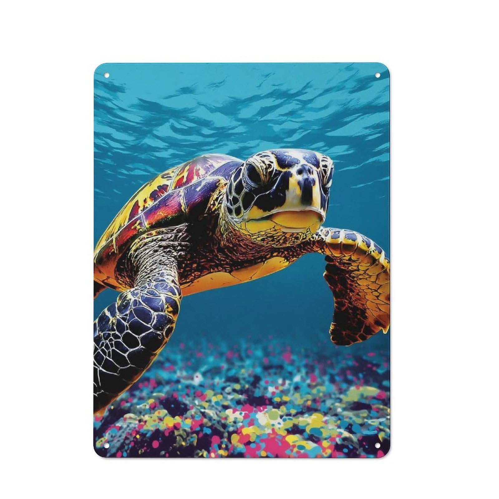 Junmoney Colorful Sea Turtle Swimming Metal Wall Sign 40X30cm Featuring For Café Or Restaurant, A Decorative Metal Sign For Cafés And Restaurants