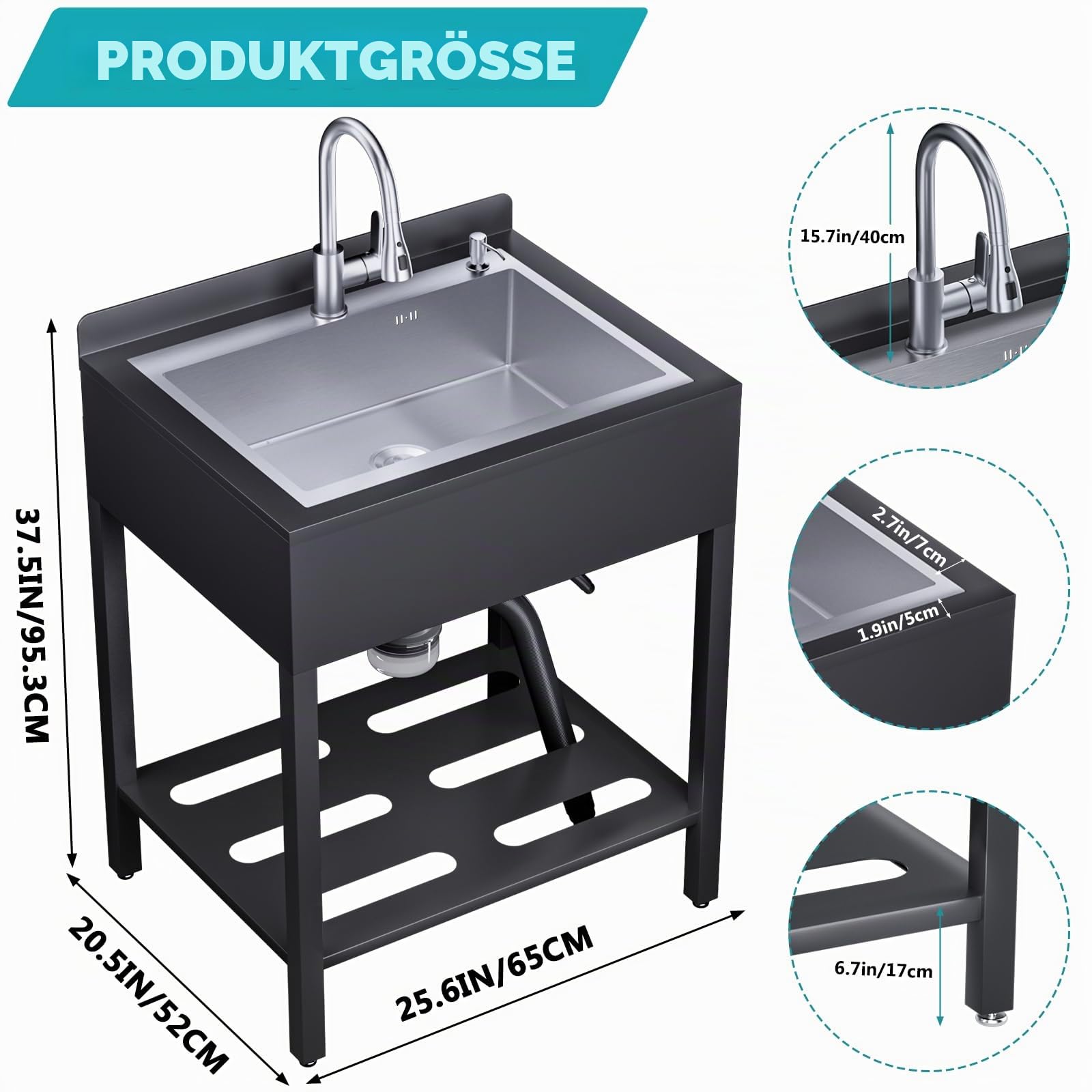 Freistehende Edelstahl Waschspüle für Außenbereich, Spülbecken Küchen Spüle mit Abtropfschale & Ausziehbarem Wasserhahn & Kalt-Warmwasserrohre, Kitchen Sink Handwaschspüle für Küche, Garage, Garten