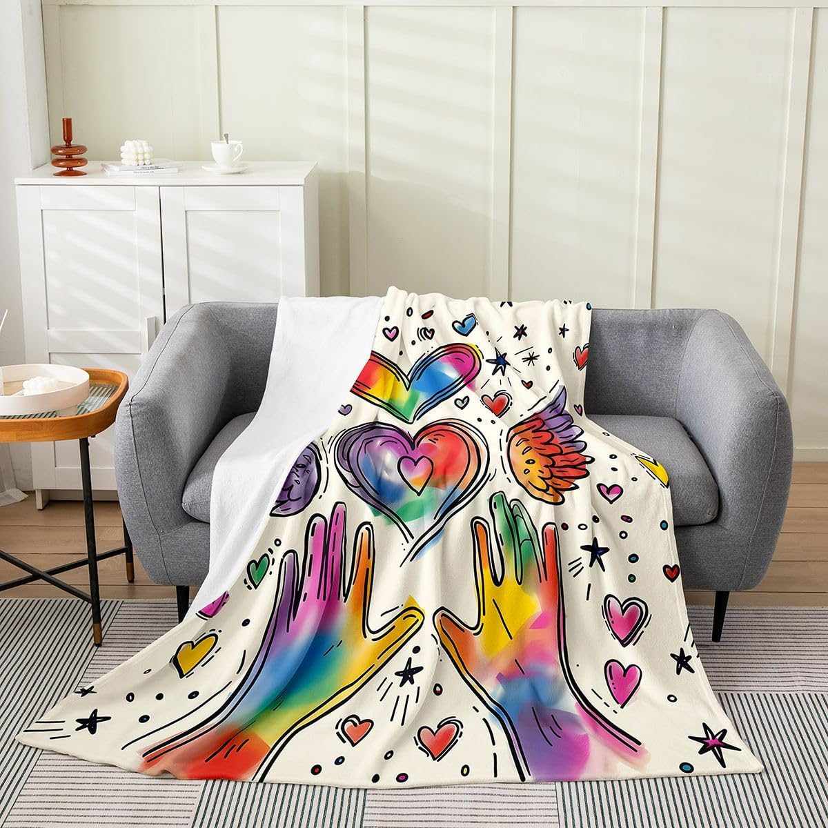 Erosebridal Rainbow Heart Hand Flannel Blanket Baby 30x40 Inch Colorful Wings Fleece Blanket Kids Teens Red Yellow Purple Cartoon Art Fuzzy Plush Throw Cute Stars Print Decor