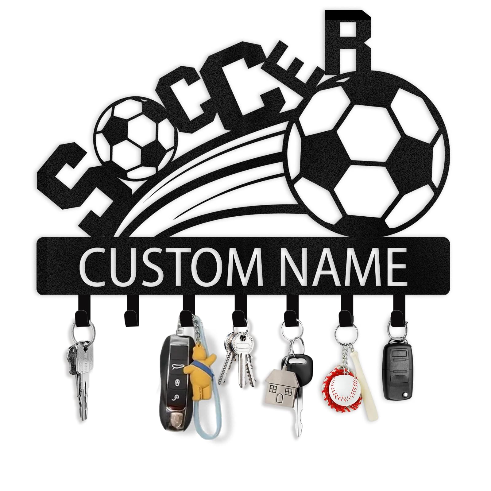 Dyoart Personalized Soccer Theme Key Organizer - Wall Mount, Custom Name Key Hooks, Metal Decorative Holder for Doorway, Hallway