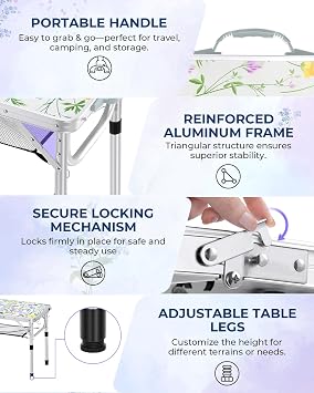 Sportneer Folding Camping Table 60×40cm, Height Adjustable Camp Table | Portable Camp Tables 60cm L x 40cm W, 2 Height Adjustable Table with Mesh Layer for Outdoor Camp Garden Picnic Cooking