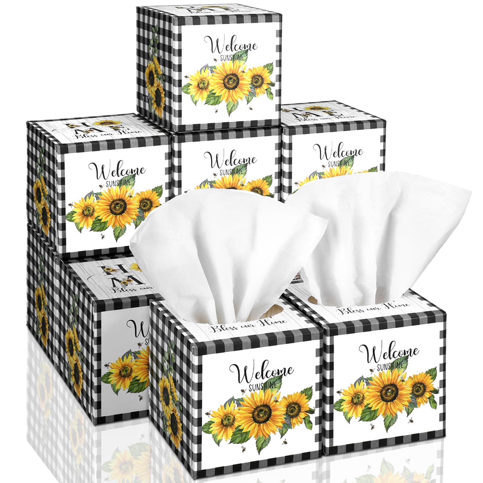 Fourluoo 12 Pack Summer Sunflower Plaid Tissue Cube Boxes 600 Sheets 3 Ply