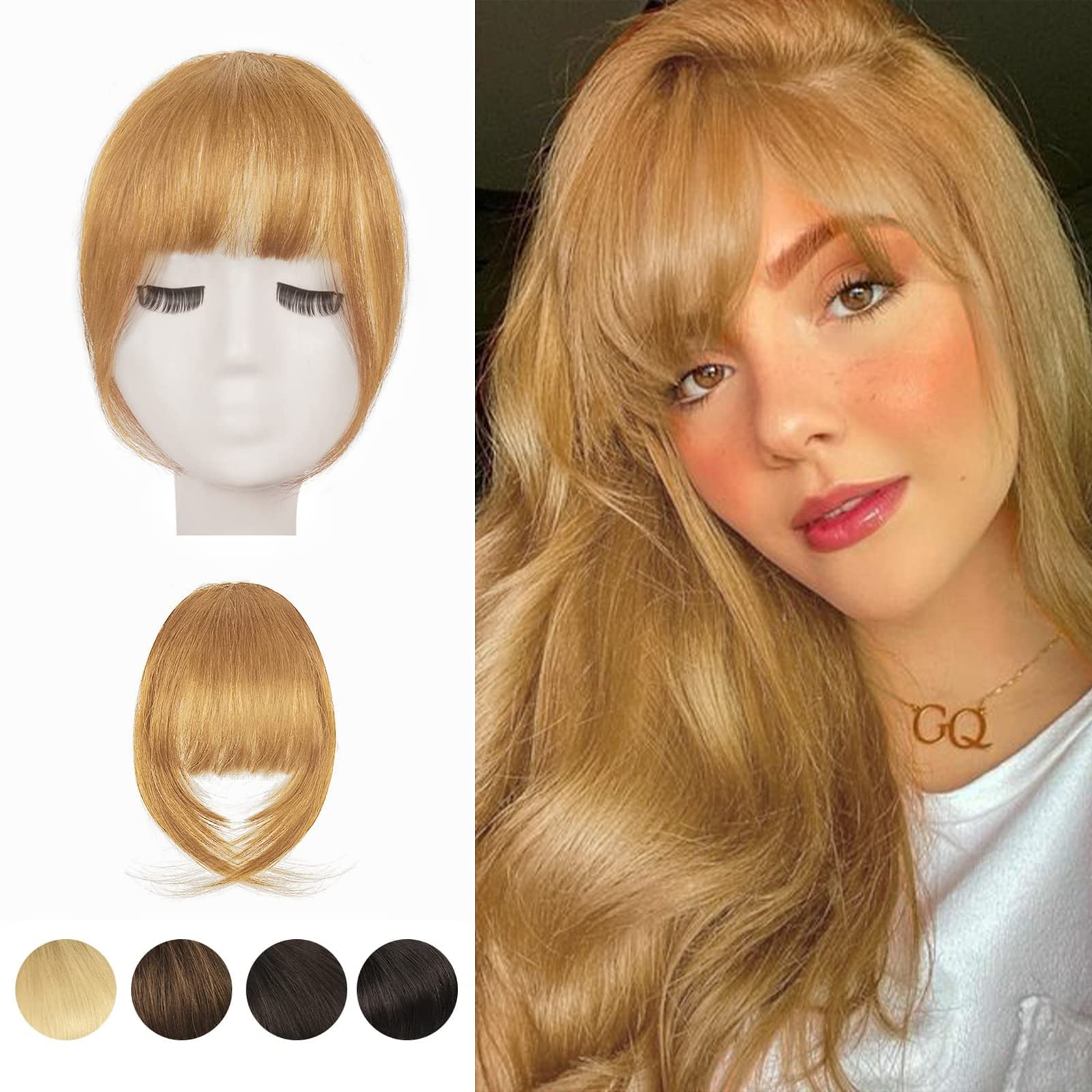 Clip in Bangs, BARSDAR 100% Human Hair Bangs Extensions French Bangs Neat Bangs Air Bangs with Temples Clip on Fringe Bangs Real Hair for Women Natural Color Washable/Dyeableï¼ˆFrench-Dark Golden Blonde)