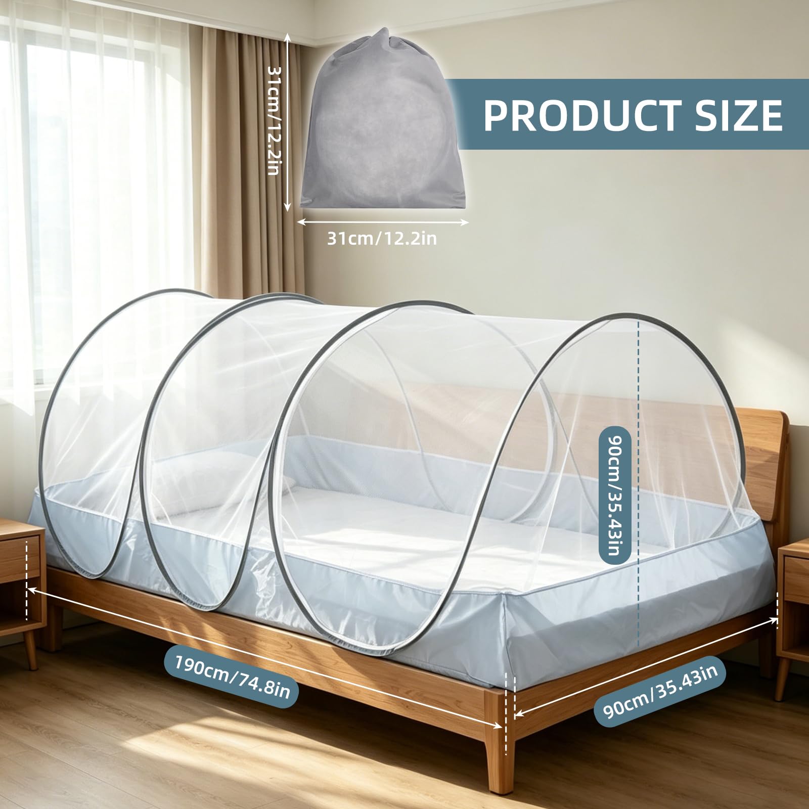 Zanzariera pieghevole, zanzariera per letto singolo, tenda da campeggio portatile con cerniera per casa, viaggi, dormitorio, viaggi all'aperto, 190 x 90 x 90 cm