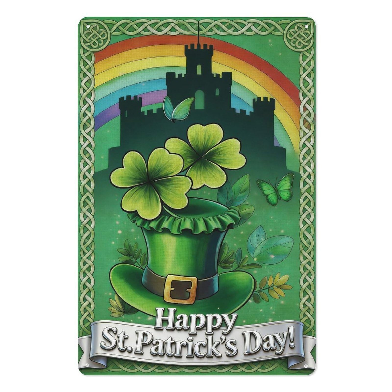 peiyeety Happy St. Patrick's Day Metal Tin Sign, 8x12 Inch – Whimsical Green Hat with Rainbow, Shamrocks & Butterflies, Celtic Knot Wall Art for Home, Bar, or Office