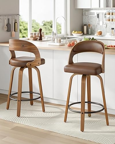Miniatura 13 de SUNCOZE Juego de 2 taburetes de bar de 26 pulgadas de altura de mostrador con respaldo, modernos taburetes de bar giratorios con asiento de piel