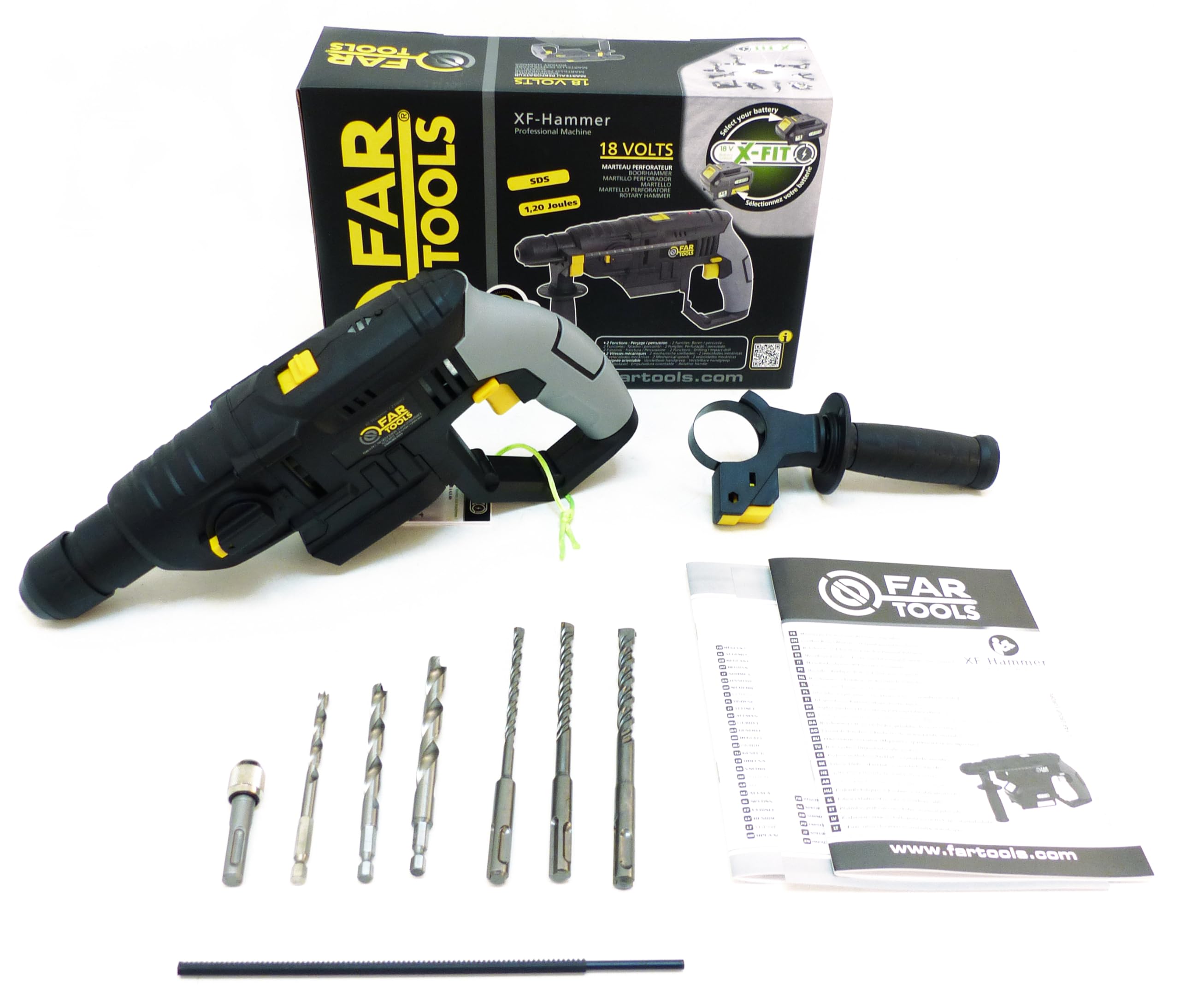 Fartools XF-HAMMER Marteau perforateur sans fil 18V, mandrin SDS, force 1.2J, 2 vitesses mécaniques, poignée auxiliaire. Vendu sans batterie