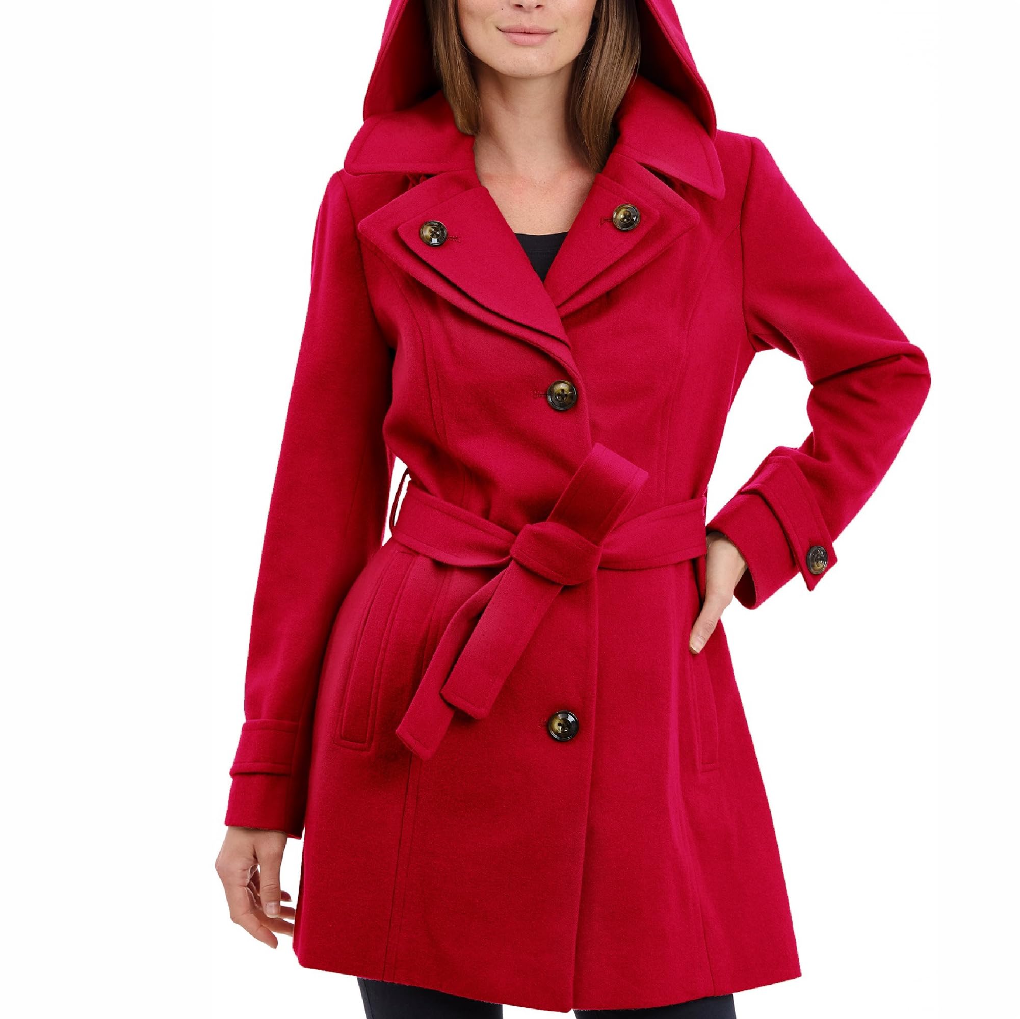 London Fog Womens Double Lapel Thigh Length Button Front Wool Coat With Belt