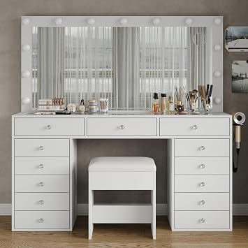 FUSOU 55 W Makeup Vanity with Power Outlet & Lighted Mirror, Vanity Desk 13 Drawers Glass Top, 3 Lighting Modes Adjustable, Dressing Table with Chair for Bedroom