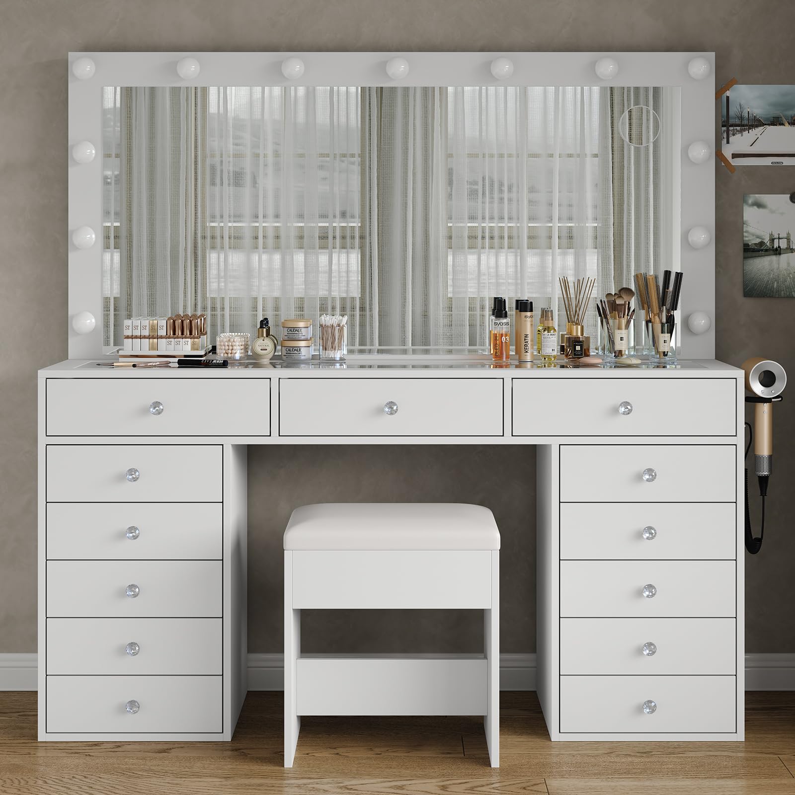 13 Drawers Vanity Desk, Makeup Vanity with Power Outlet, Vanity Table with Mirror and 13 LED Bulbs, 3 Color Lighting Modes, Glass Top, Dressing Table for Bedroom