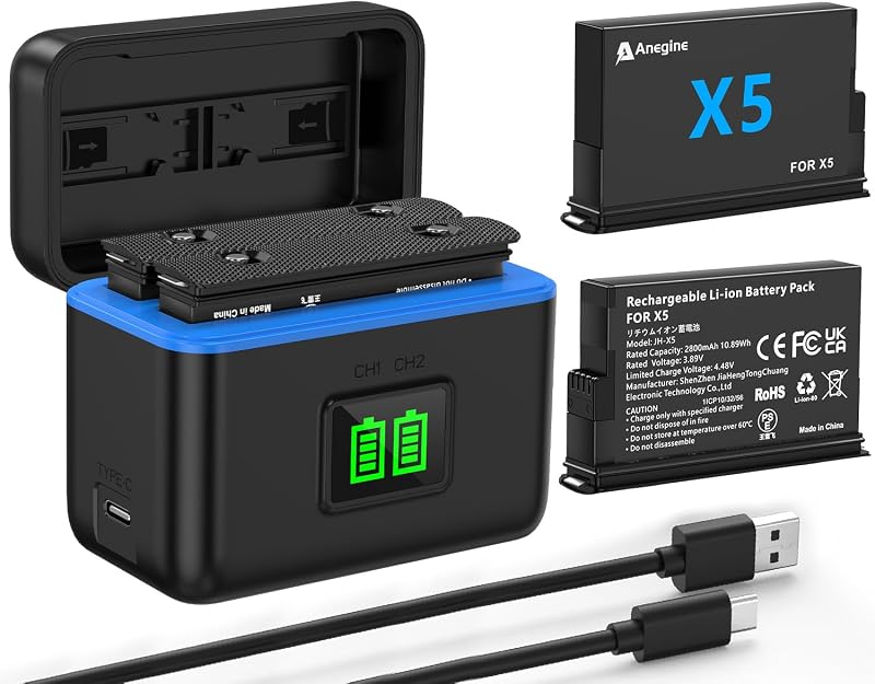 Anegine Insta 360 X5 Battery, 2 Pack 2800mAh Insta360 x5 Battery Bundle with Dual Fast Charger, Battery Level Display, Compatible with Insta360 X5 Camera (Battery*2, Charger*1)