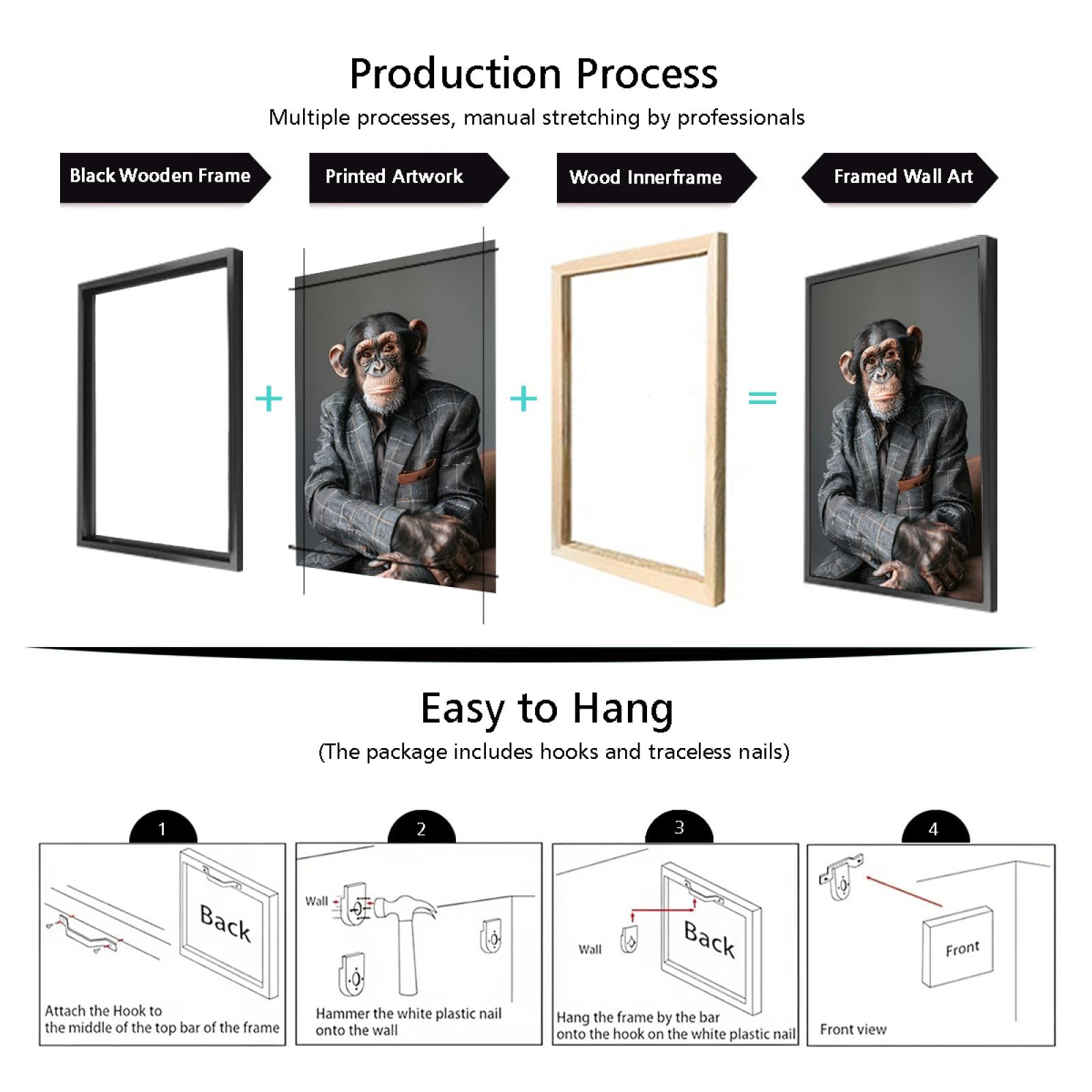 Via Vela Rétro Style Britannique Toile Mural Art Print Drôle Gentleman Animal Portrait Orang-outan Dans Un Costume À Carreaux Affiche Peinture Oeuvre d’Art Pour Bureau Decor 66x102cm Avec-Cadre-Noir