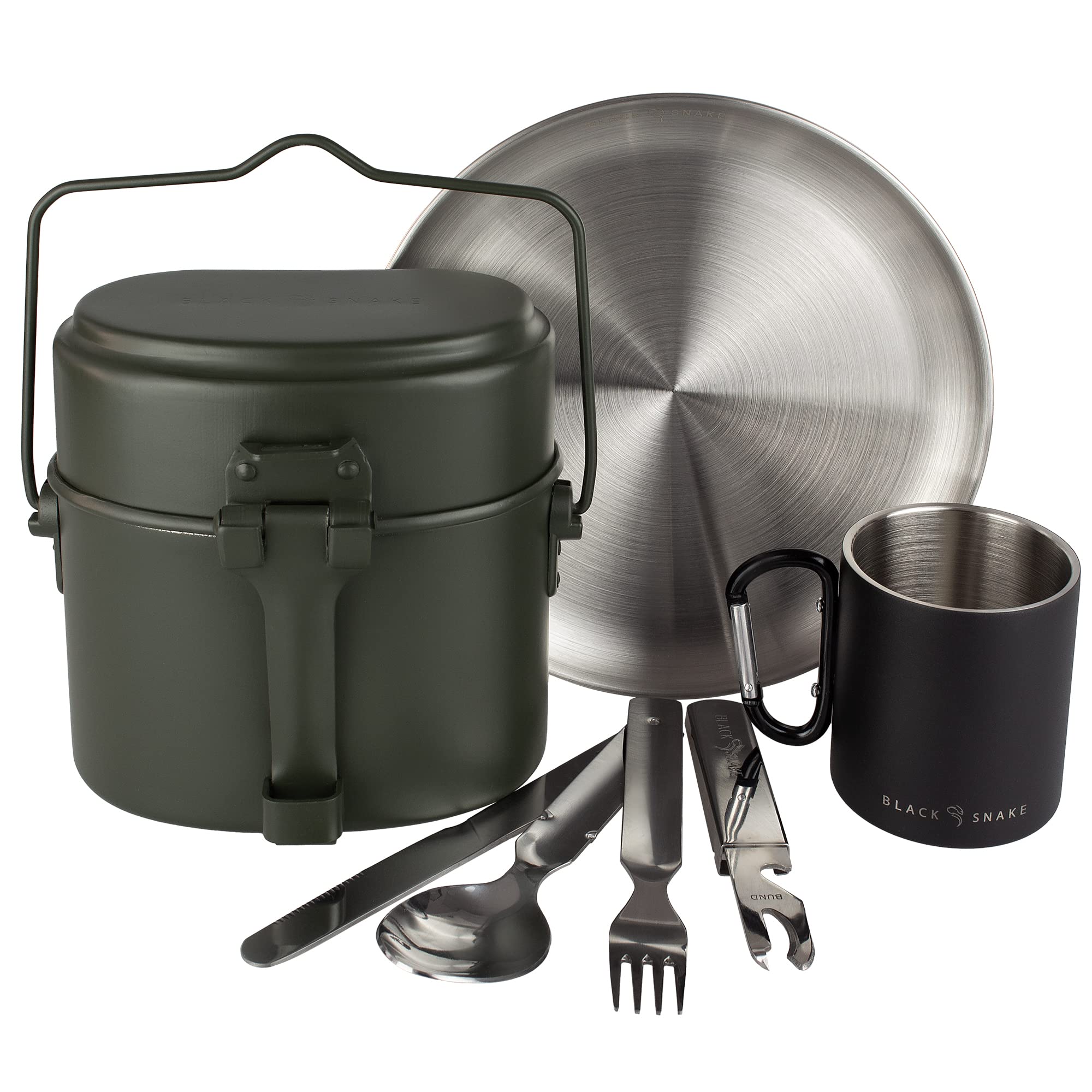 Black Snake® Kochgeschirr mit flachem Edelstahl Camping Teller und Besteck Plus Karabiner Haken Tasse
