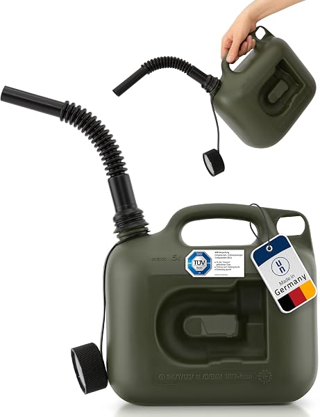 Hünersdorff Kraftstoff-Kanister Profi 5L für Benzin, Diesel und andere Gefahrgüter, UN-Zulassung, Made in Germany, TÜV-geprüfte Produktion, oliv - 5