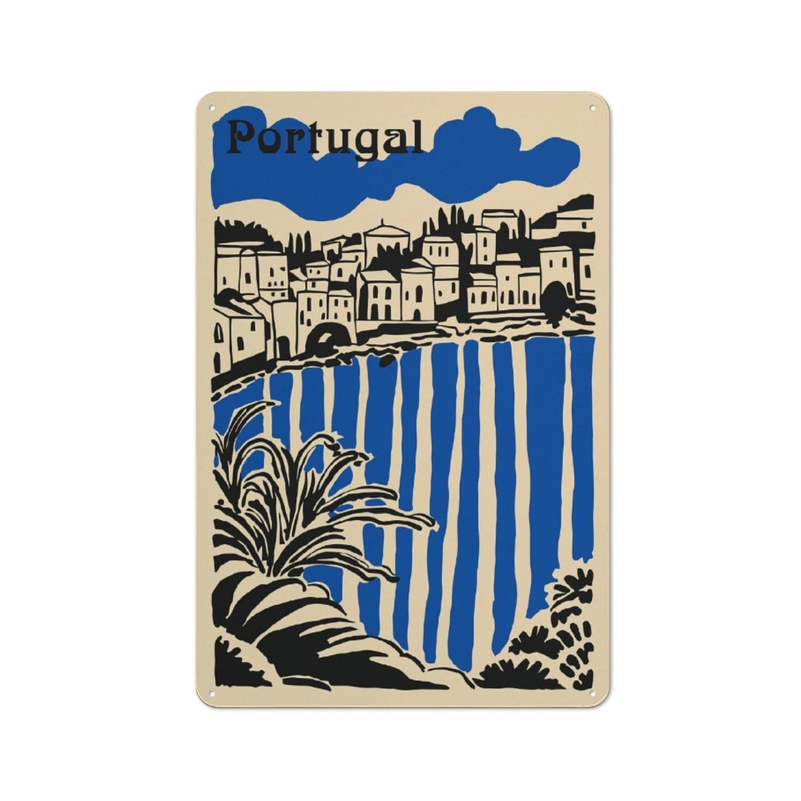 Junmoney Style-17 Tin Wall Plaque 30X20cm With Portugal Coastal Cityscape For Hallway Wall, A Decorative Metal Sign For Hallways And Entrance Areas