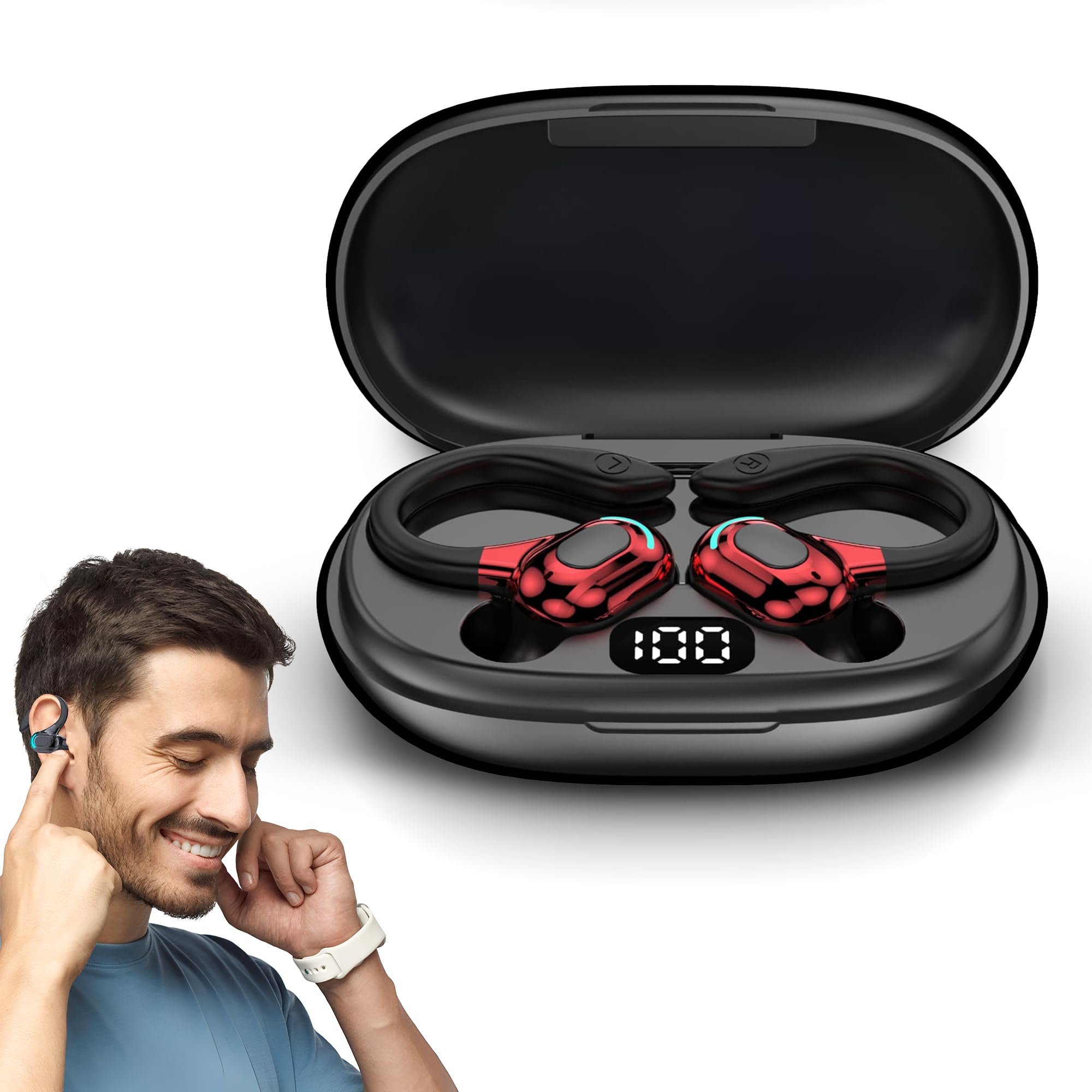 Oreillettes sans Fil Bluetooth 5.2, Universel, Tour d'oreille 360°, Micro Intégré, 60 Heures de Lecture, Batterie 70mAh Chargeur Type-C 300mAh, 8D steréo, Option d'écoute indépendante (Rouge)