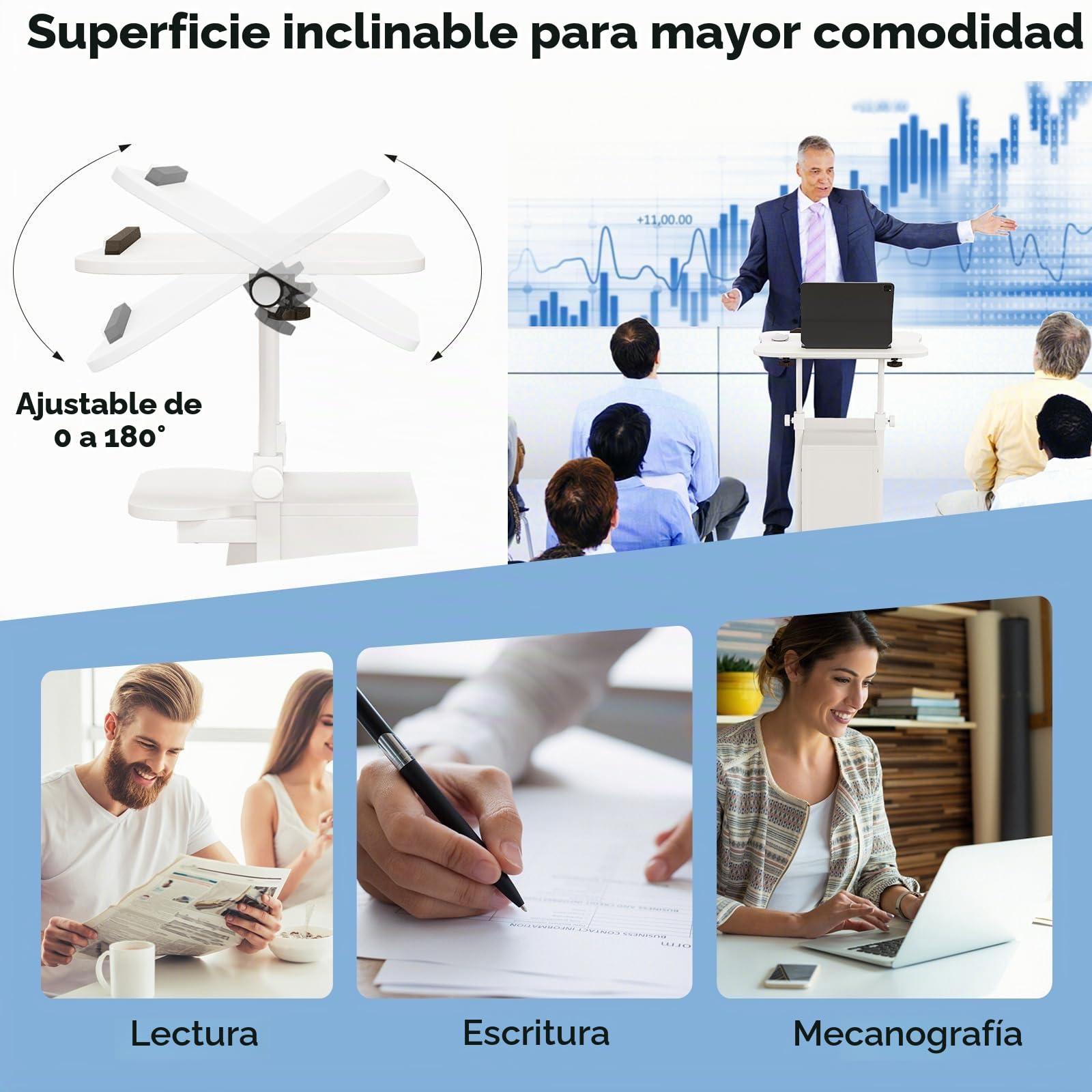 LIFEZEAL Podium para Conferencia, 2 Pisos Reclinable con Altura Ajustable, Mesa de Presentaciones con 4 Ruedas y Frenos, 2 Compartimentos, Escritorio para Oficina y Discurso Público, 55x40x68-114 cm