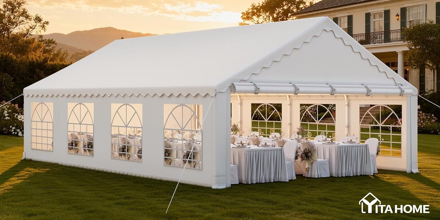 YITAHOME 20x30FT Party Tent Heavy Duty Wedding Event Shelters PVC Upgraded Galvanized Ripple Canopy with Large Roof Removable Sidewalls & 2 Storage Bags 600D Oxford Commercial, White