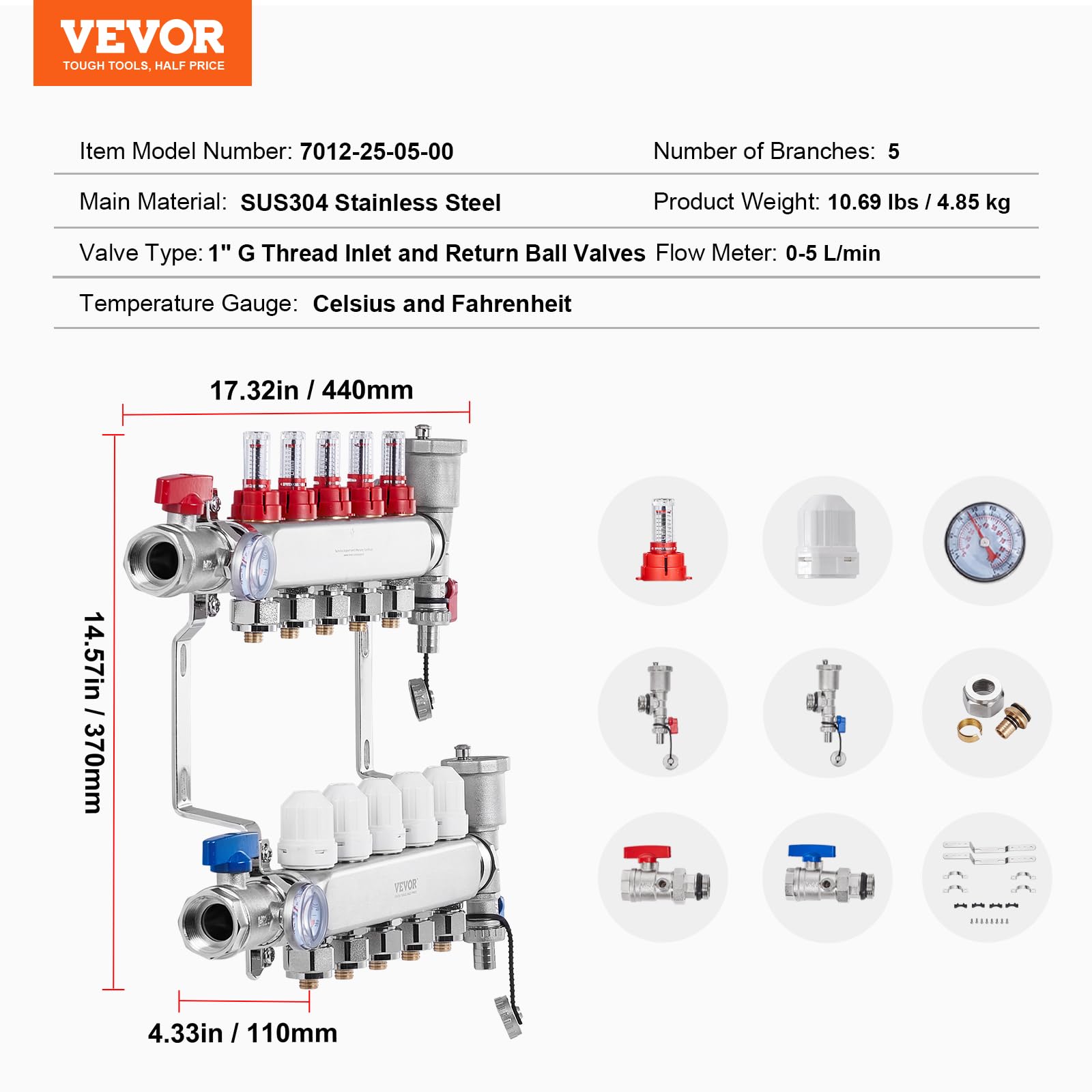 VEVOR 5-gałęziowy kolektor grzewczy do rur PEX 12,7 mm ze stali nierdzewnej PEX, z adapterami 12,7 mm, do hydronicznej podłogi, kolektora PEX