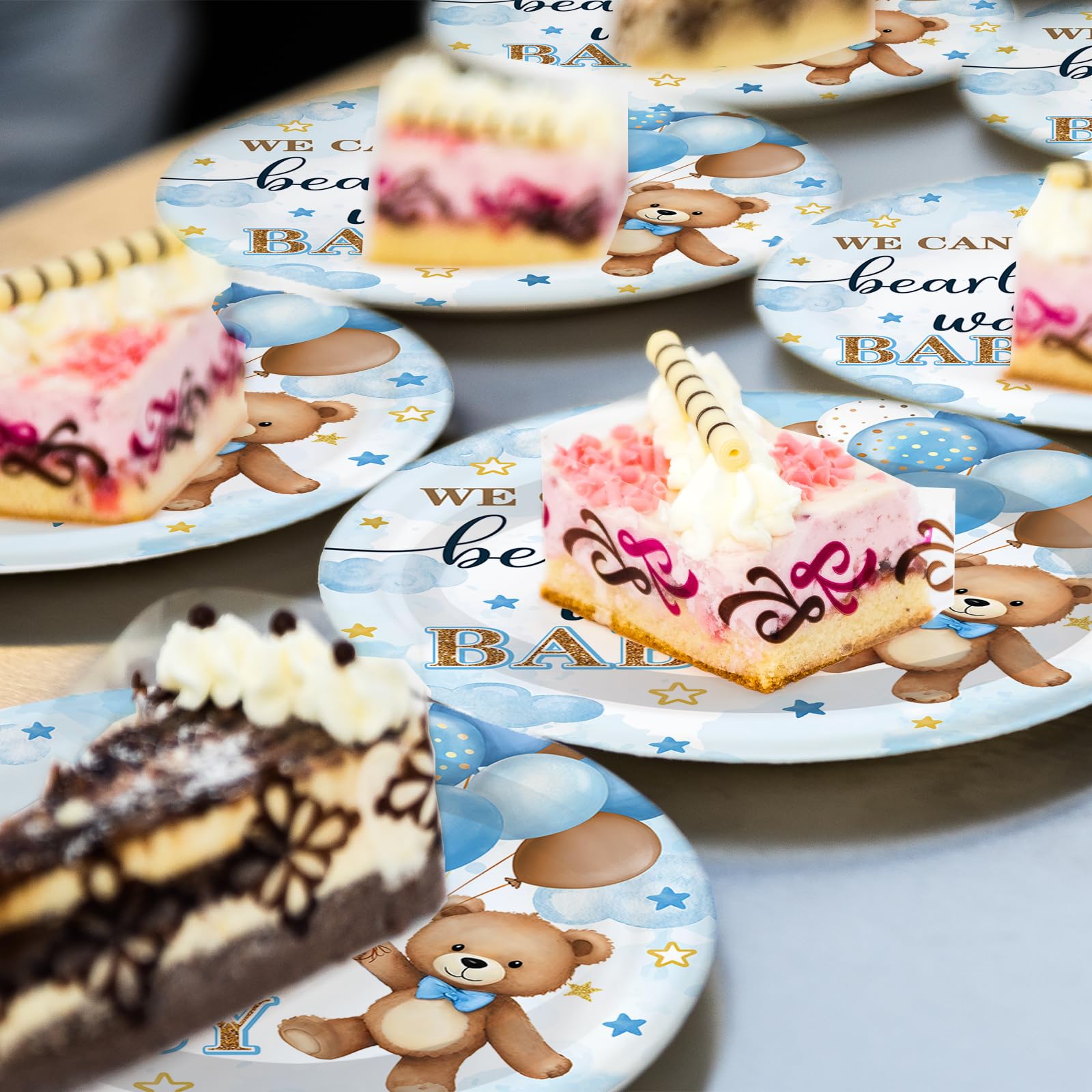 Blue Bear Baby Shower Decorations,219Pcs Baby Shower Tableware Set Banner, Plates and Napkins, Tablecloth, Cake Toppers, Honeycomb Balls for Boy Neutral Bear Themed Party Decorations Severs 24