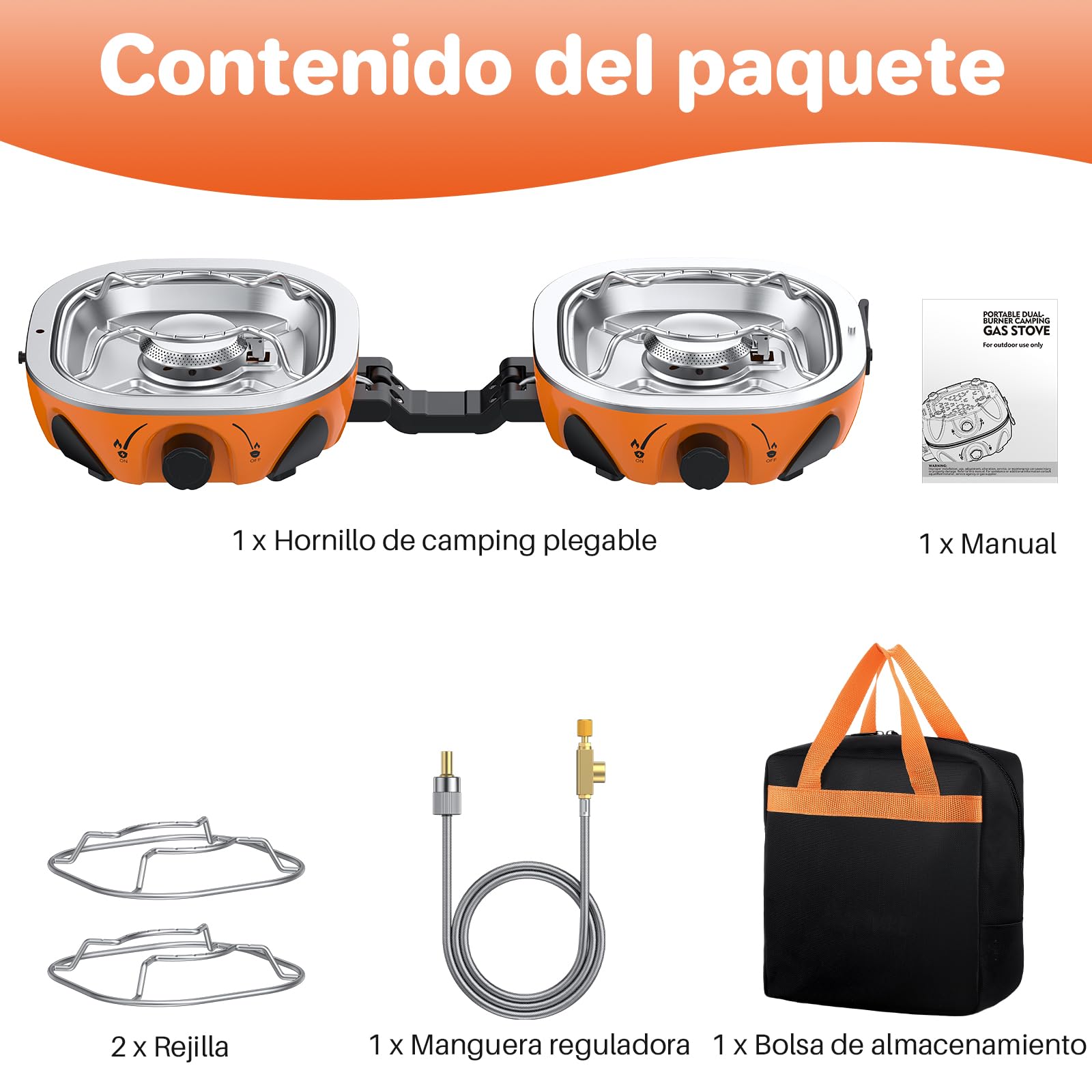 FUNYKICH Cocina de Camping Plegable de 2 Quemadores con Bolsa de Transporte, 2x 3kW Camping Gas Portátil con Manguera Reguladora, Construcción Robusta para Camping,Picnic,Jardín,Barbacoa