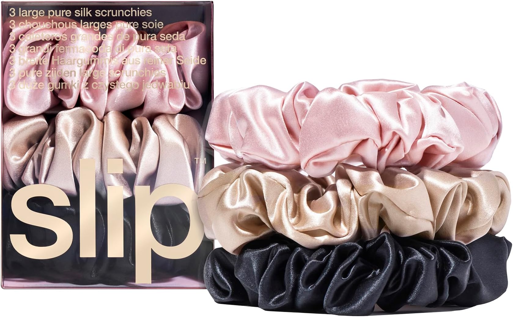 slip Large Scrunchie Multi | Set of 3 Pure Silk Large Scrunchies | Includes 1 Pink, 1 Caramel, 1 Black | 100% Mulberry Silk, Anti-Crease, Gentle on Hair, Reduces Breakage | Stylish & Durable