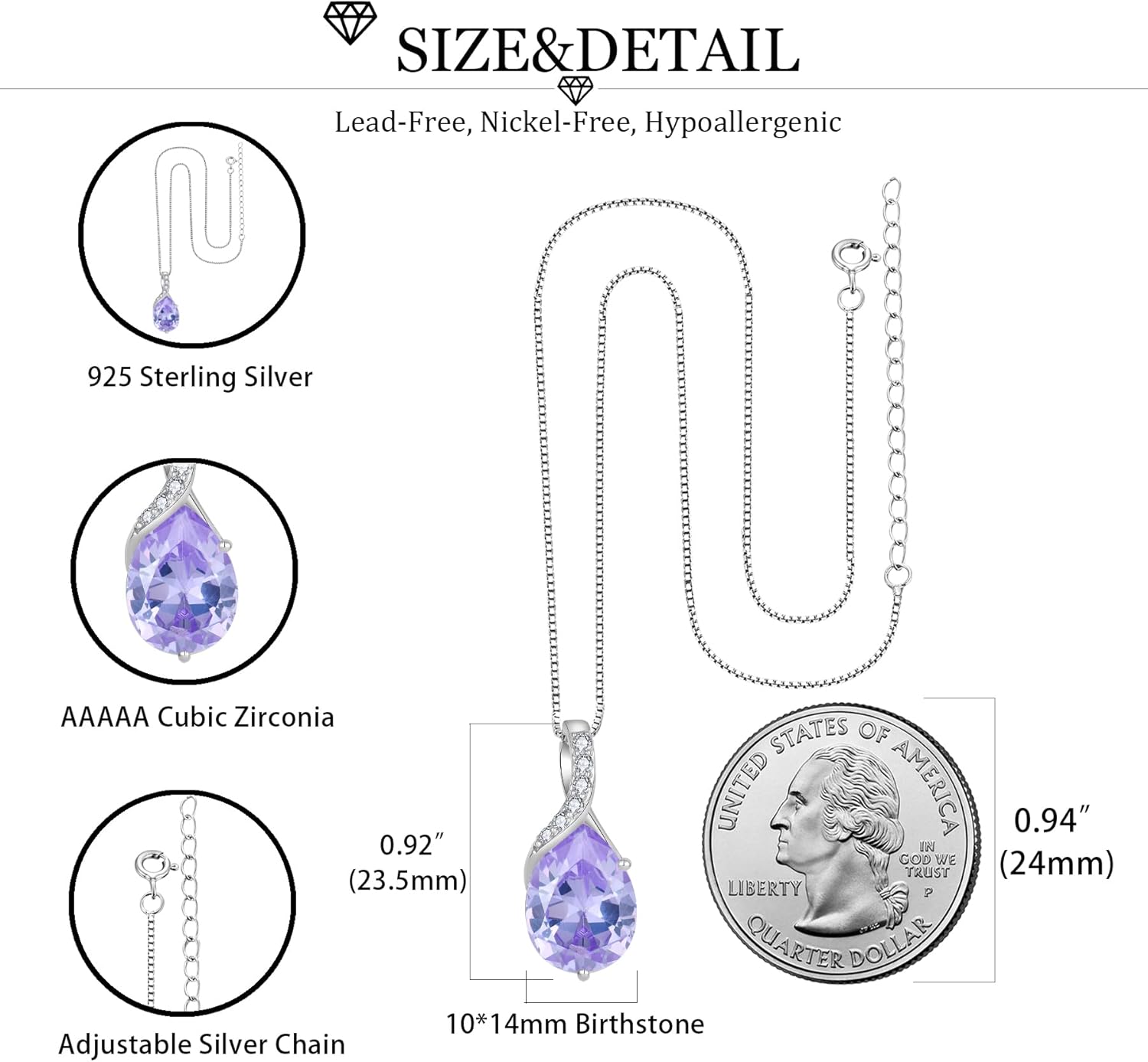 Birthstone Necklace for Women 925 Sterling Silver 10 * 14mm Pear Shaped Solitaire Birthstone Pendant Necklace Hypoallergenic Jewelry for Women - Image 6