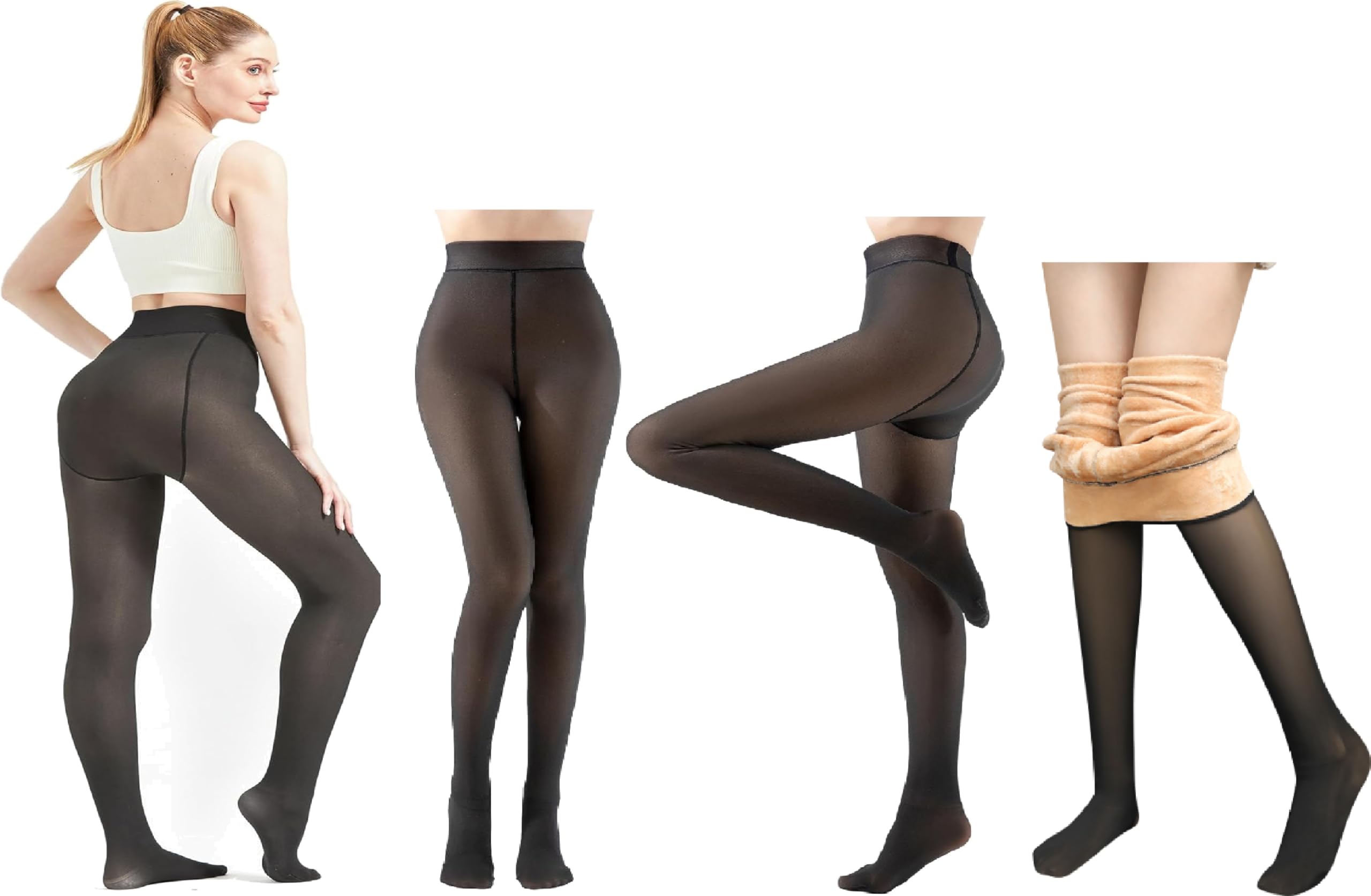 Fleece Lined Tights for Women Free Size Dual Tone Velvet Touch Winter Warm Pantyhose Leggings U-Design, Slim Fit Stretchable Skinny Shapewear, Thermal Stockings Pants for Saree Dress Skirt