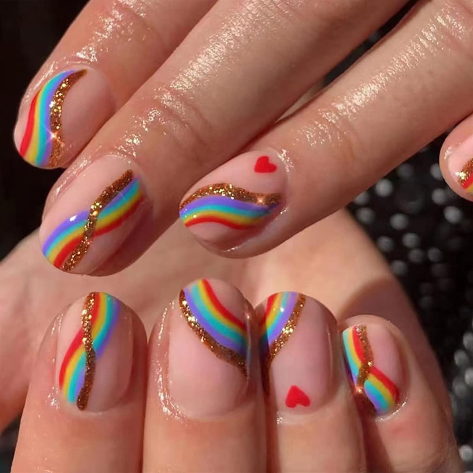 24 Pezzi Unghie Finte Corte Arcobaleno Quadrate Unghie Artistiche Brillanti Acrilico Francese Punta Unghie Con Decorazione Colorate Strisce Cuore Lucenti
