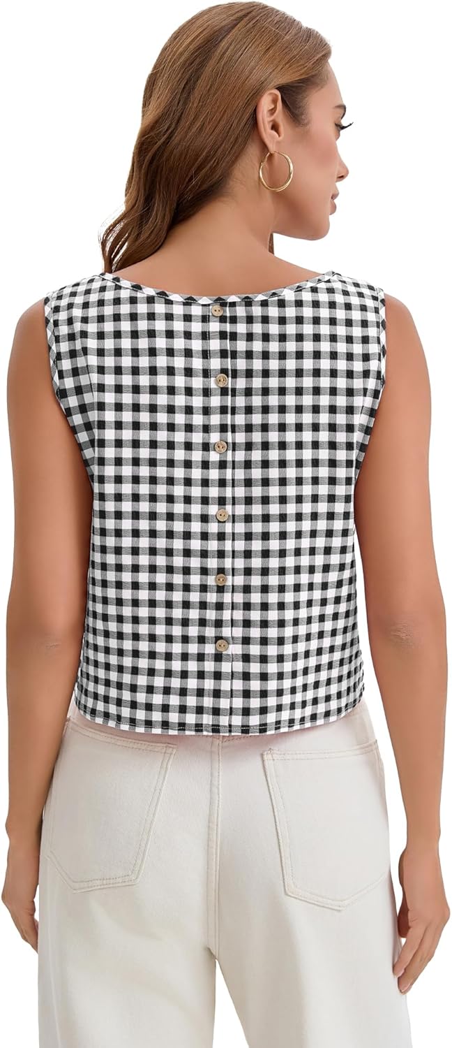 Womens Gingham Top Summer CropTank Tops Button Back Casual Sleeveless Shirts Blouses Resort Wear 2026 - Image 4