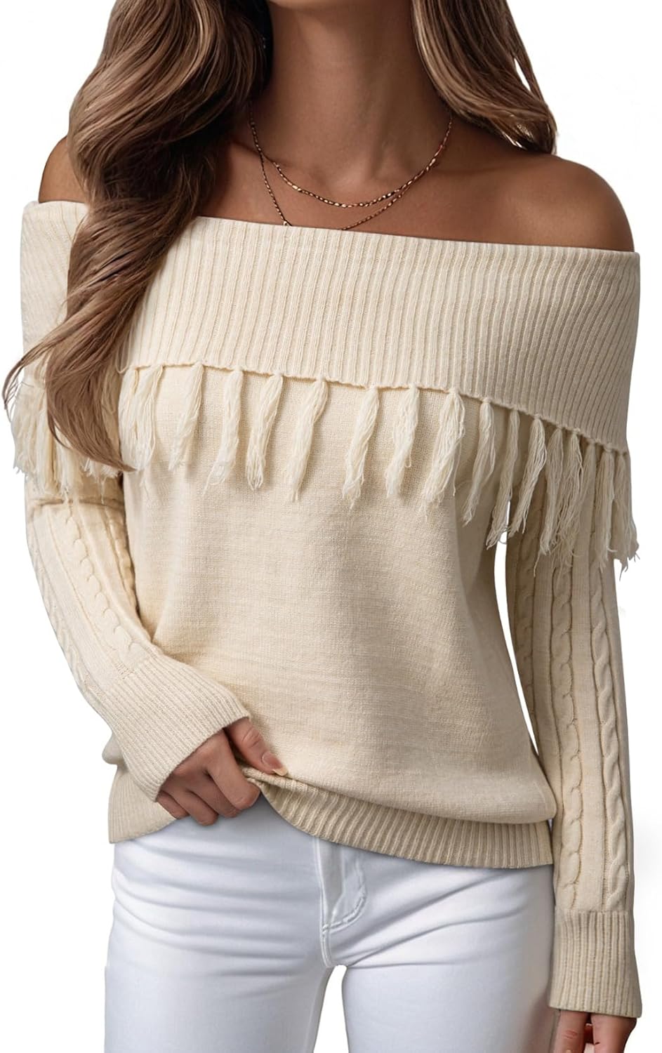 EVALESS Womens Off The Shoulder Sweater Fall Fringe Long Sleeve Loose Pullover Sweaters Tops