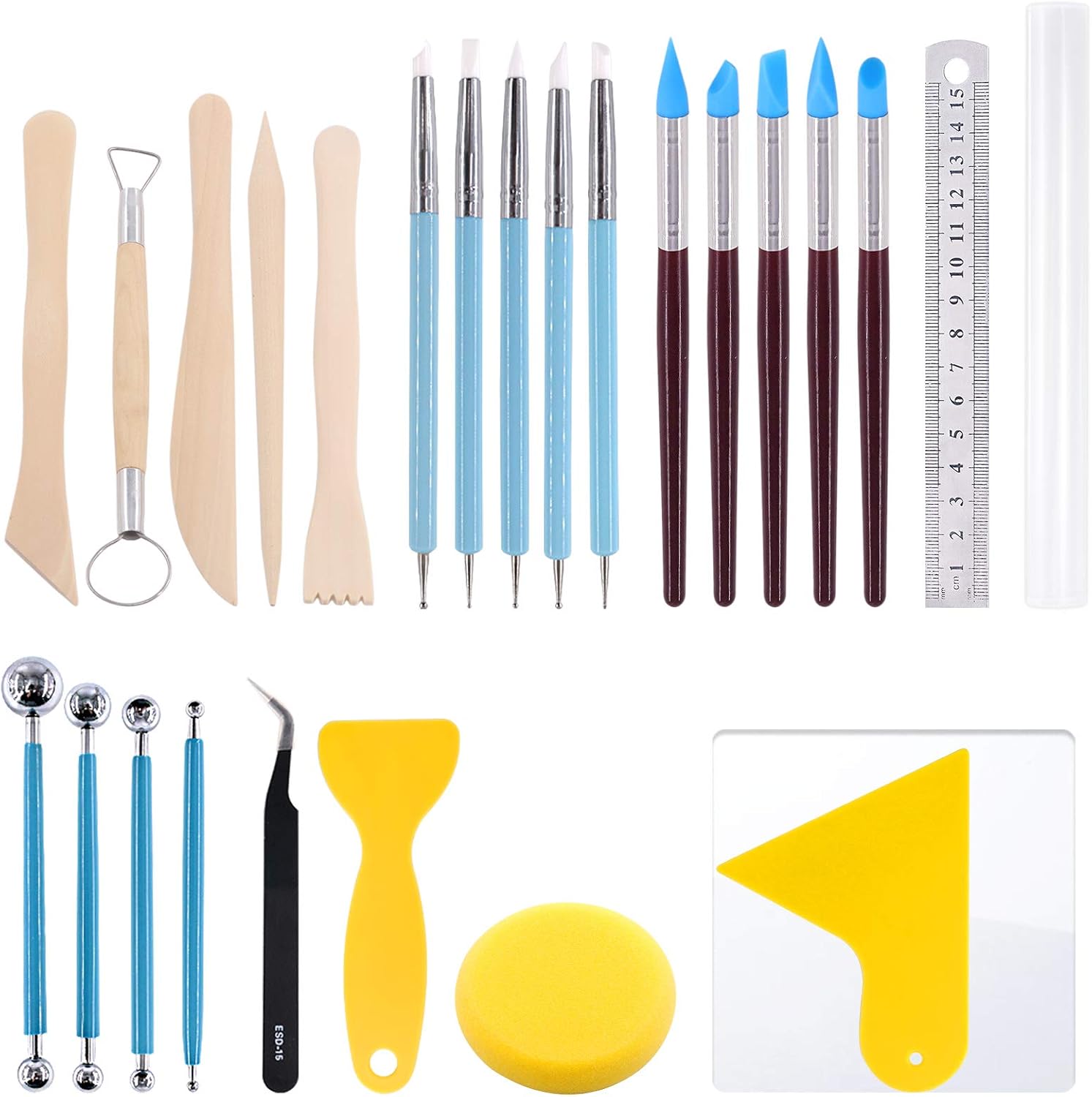 Rustark 30 Pcs Polymer Clay Tools Set with Modeling Dotting Tool, Clay Carving Tools, Sponge,Ball Stylus, Wooden Ceramic Sculpting Tools for Shaping Embossing Soap Making Sculpture Pottery