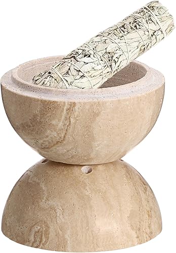 JUXYES Quemador de incienso de piedra de travertino minimalista, soporte redondo de incienso de mármol natural, soporte para quemador de incienso de