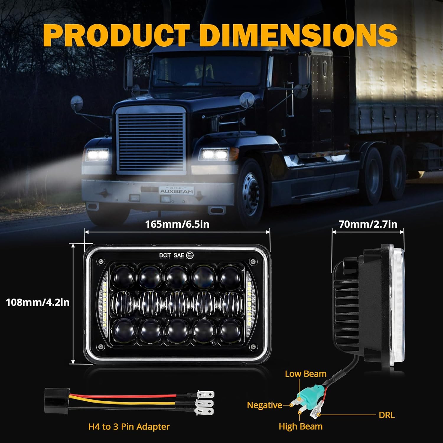 Auxbeam 4x6 LED Headlights Rectangular Headlamps Hi/Lo Sealed Beam with DRL DOT Approved Replacement H4651 H4652 H4656 H4666 H6545 Compatible with Peterbil Kenworth Freightliner Ford Trucks (2PCS)