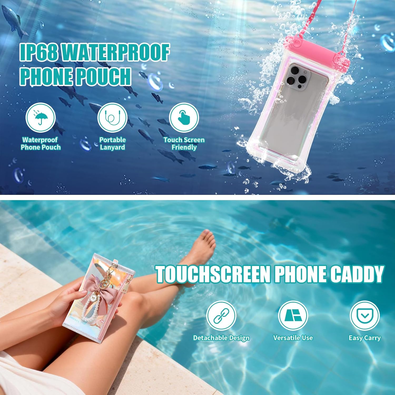 Iridescent Clear Beach Bag for Women, Large Waterproof Sandproof Beach Tote Tip-Proof Pool Bag for Travel Gym Cruise