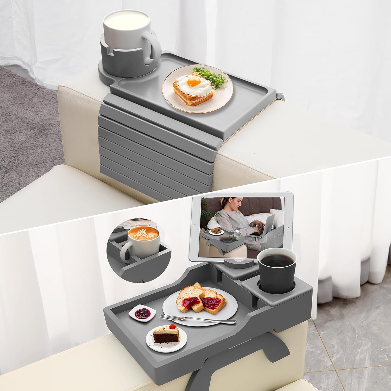Couch Cup Holder Tray + Bamboo Sofa Arm Table Tray with Cup Holder, Folding Couch Arm Cup Holder for Snack Drink Eating Table,2 Grey