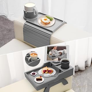 Couch Cup Holder Tray + Bamboo Sofa Arm Table Tray with Cup Holder, Folding Couch Arm Cup Holder for Snack Drink Eating Table,2 Grey