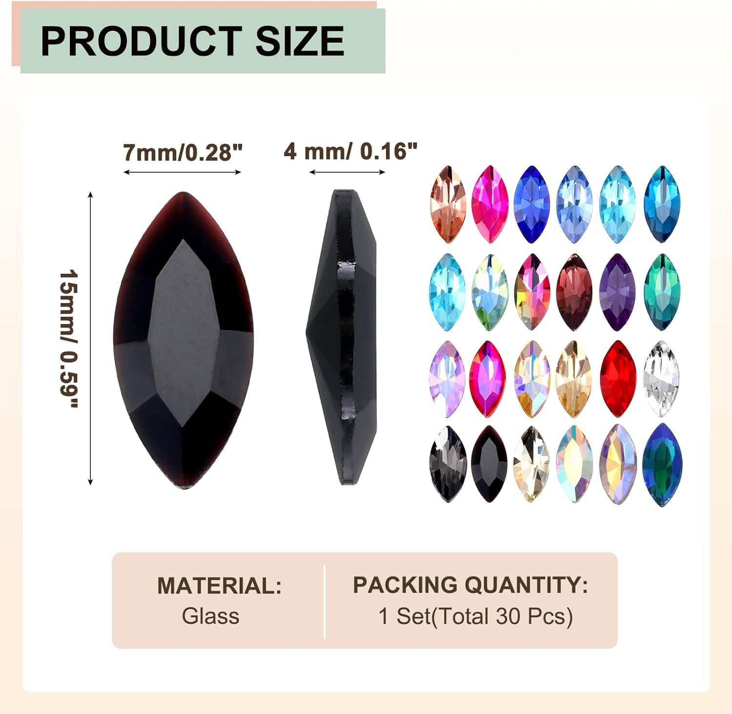 MECCANIXITY 30 Pcs Horse Eye Shape Rhinestones, 7 x 15 mm Point Back Rhinestone Beads for Jewelry Making Crafts Costume Crystal Embellishments, Mixing Colors - Image 2