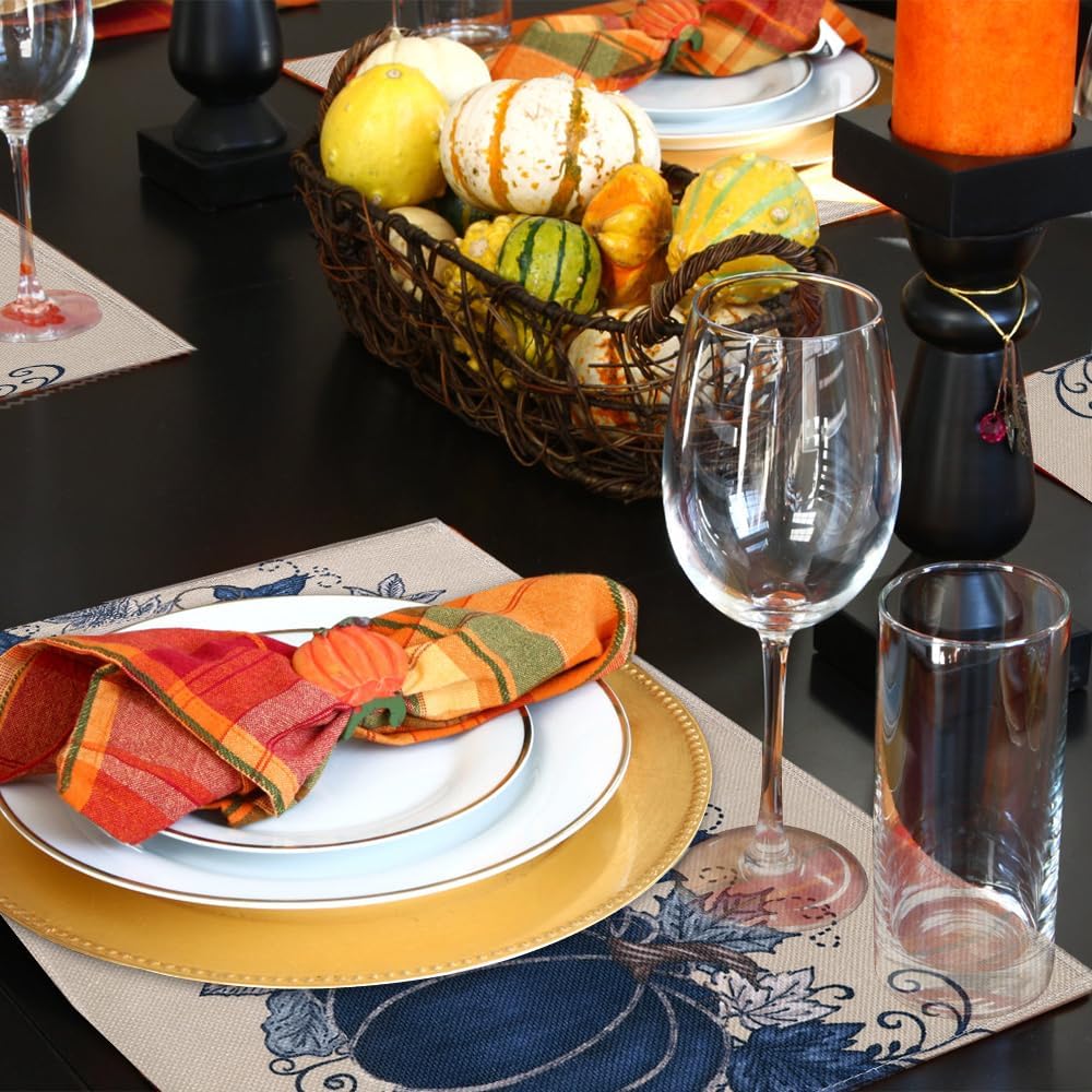 Fall Thanksgiving Placemats Set of 4 Blue Vintage Pumpkin Decorative