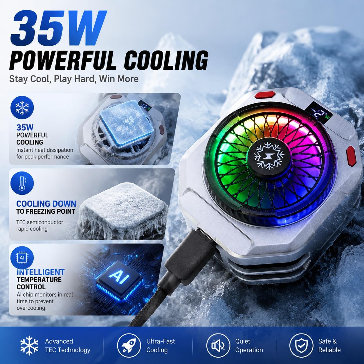 TH28 Semiconductor Phone Cooler 30W Powerful Cooling Smart Temperature Control 5 Adjustable Modes RGB Lights Extreme Cooling image 5