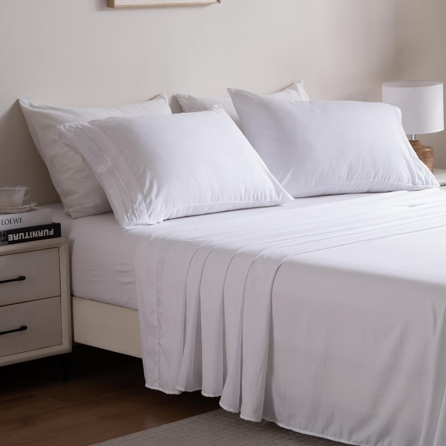 Ranunculus 4 Piece Bed Sheet Set, King Fitted Sheet & Flat Sheet & 2 Pillowcases, Ultra Soft Prewashed Microfiber Cotton-Like - 16" Deep Pocket, Breathable, Fade Resistant,Easy Care (White,King)