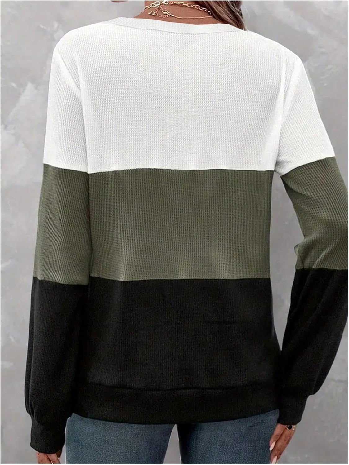 Verdusa Women's Plus Size Color Block Tops Button V Neck T Shirts Fall Clothes - Image 2