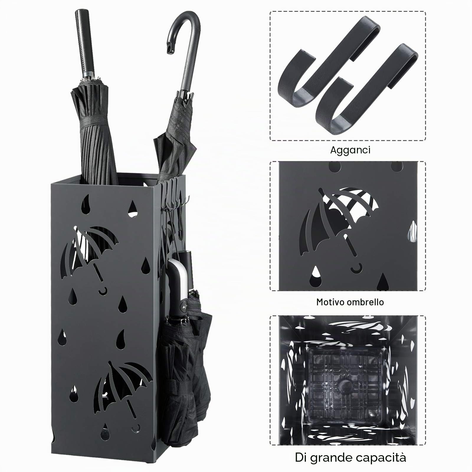 WOLTU Portaombrelli in ferro con vaschetta antigoccia, 4 ganci per gli ombrelli tascabili, (L x P x A) 20 x 20 x 49 cm, antracite, rettangolare