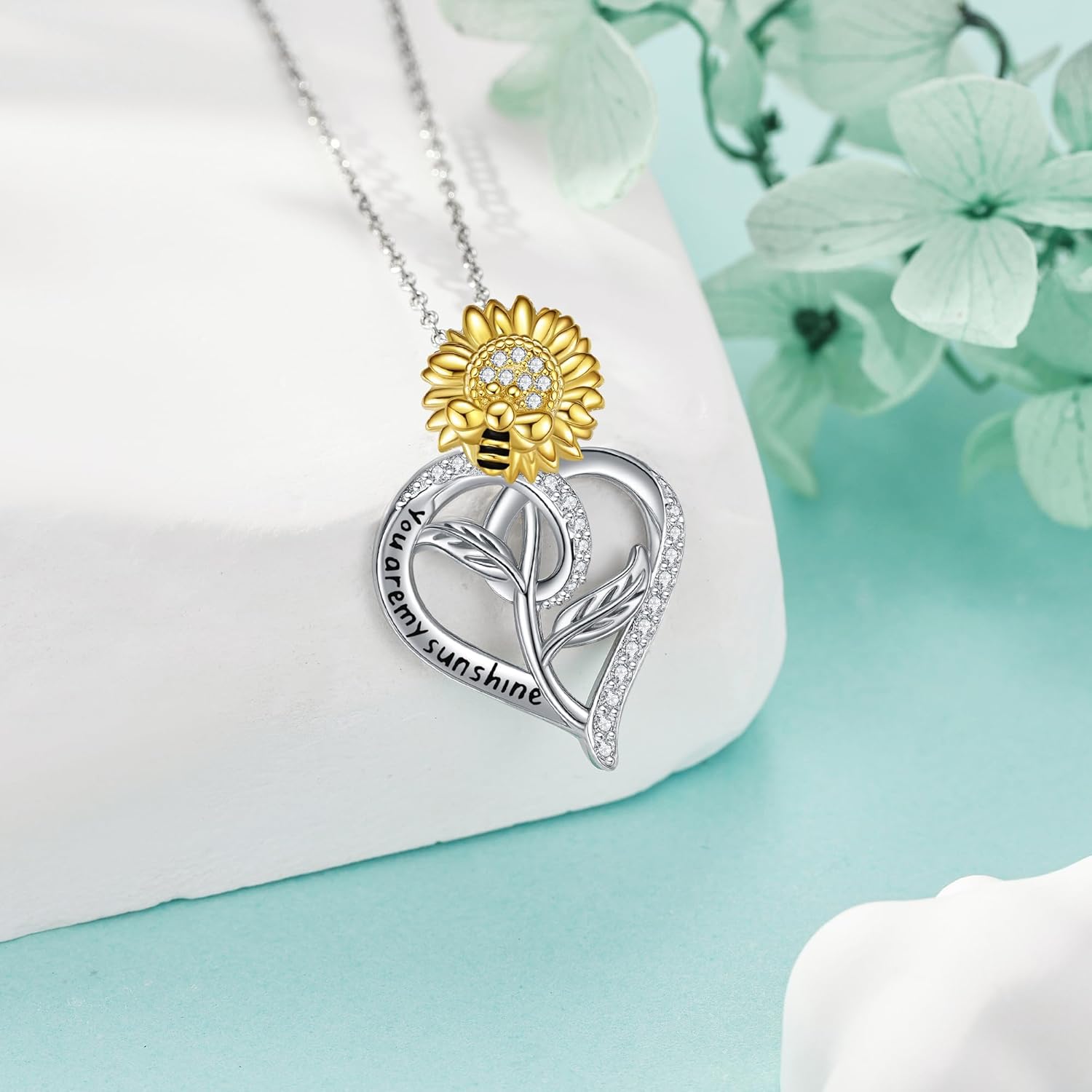 Sunflower Necklace 925 Sterling Silver You Are My Sunshine Necklace Pendant Anniversary Birthday Gifts Heart Design Jewelry Gifts for Women Mom - Image 4