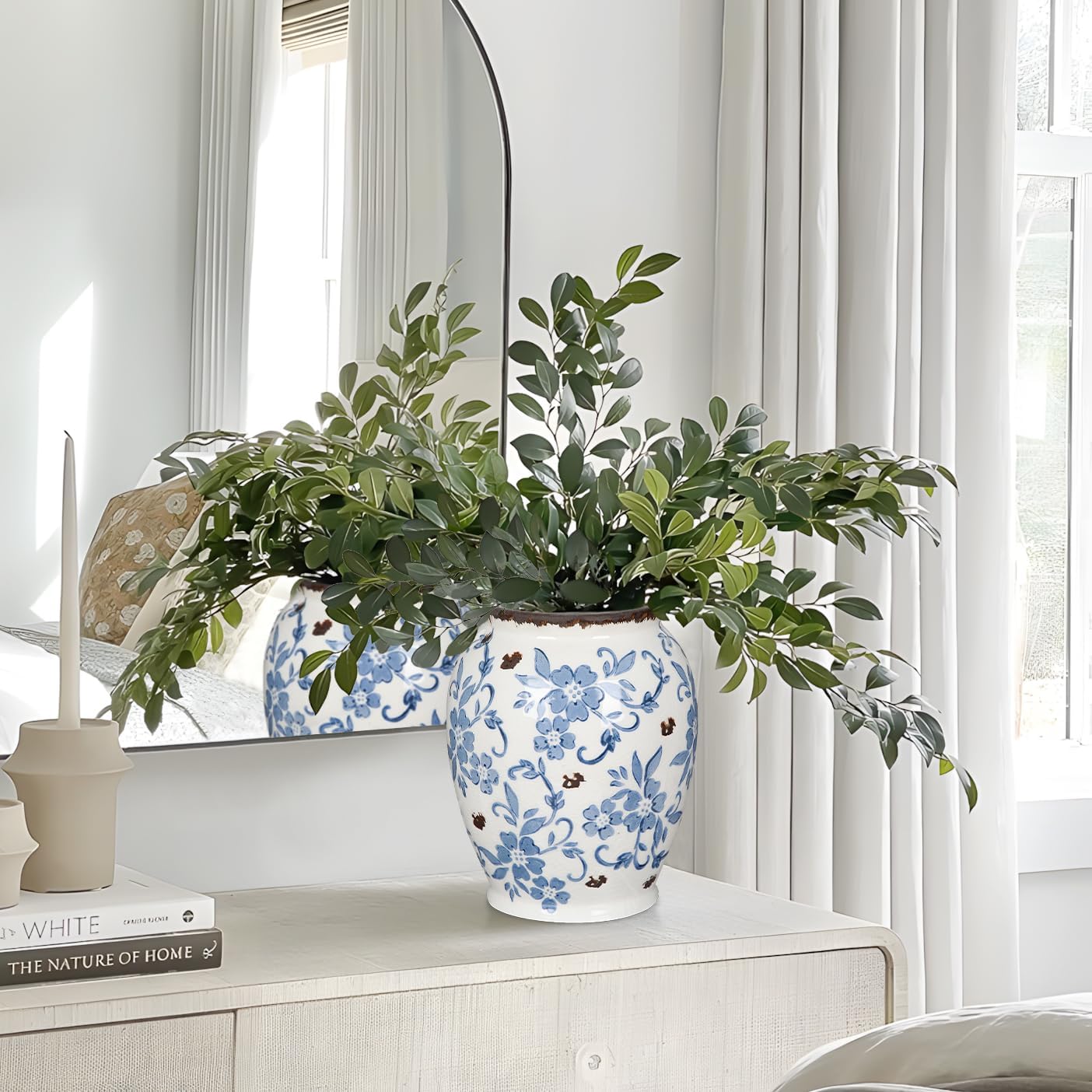 Hollyone Blue and White Porcelain Vase Large Chinoiserie Floral Vintage Tall Blue Ceramic Vases for Home Mantle Shelf Living Room Table Centerpieces Decor, 7 Inch - Image 5