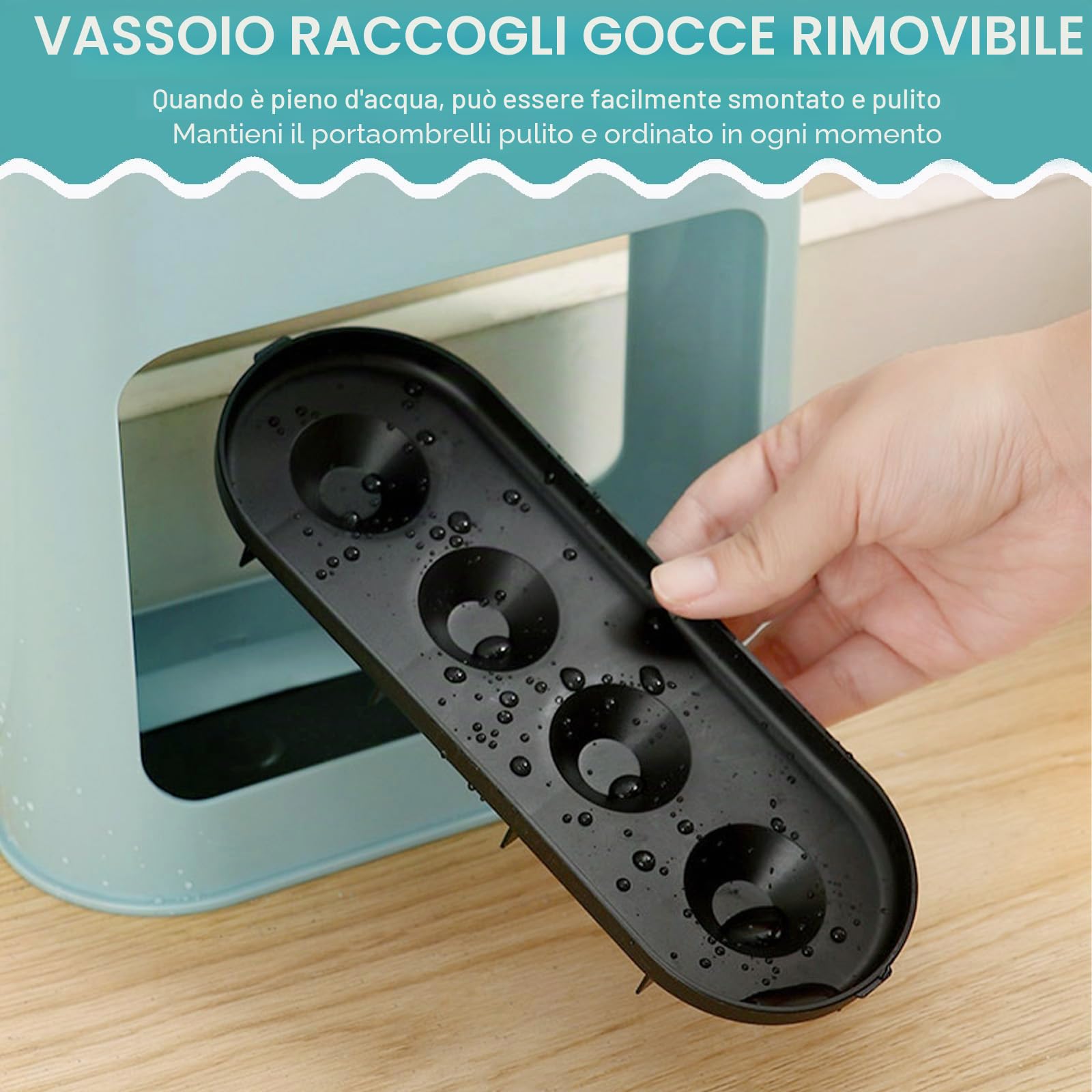 Portaombrelli in Plastica Blu con Vassoio Antigoccia Rimovibile - Design Minimalista, Capacità 4 Ombrelli (Piccoli/Grandi), Dimensioni 28x22x9 cm - Ideale per Casa/Ufficio.