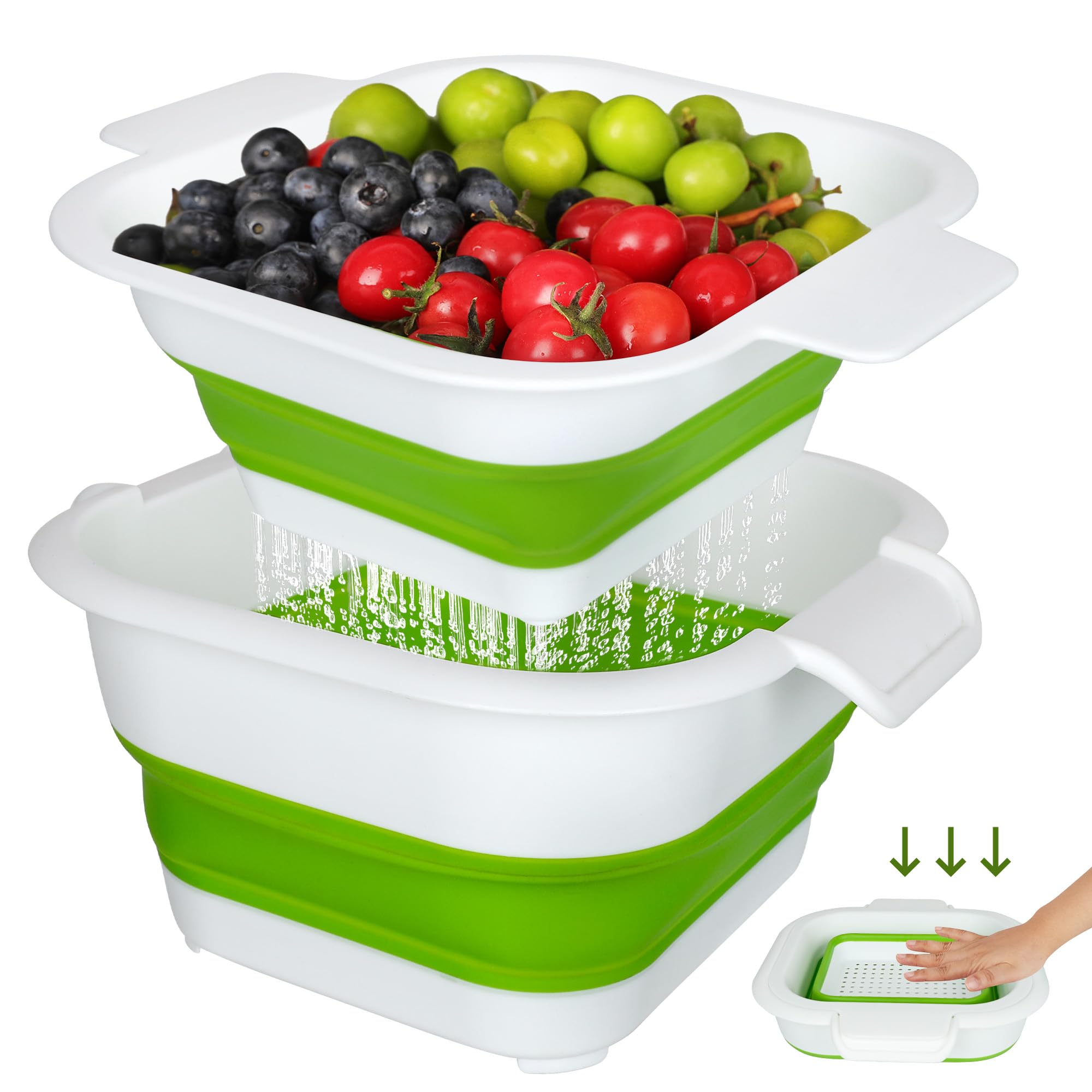 Juego de colador plegable con cuenco colador, cesta de lavado de frutas 2 en 1 con colador, colador de plástico de 5 + 3 cuartos de galón para cocina, cuenco plegable de doble capa para bayas,