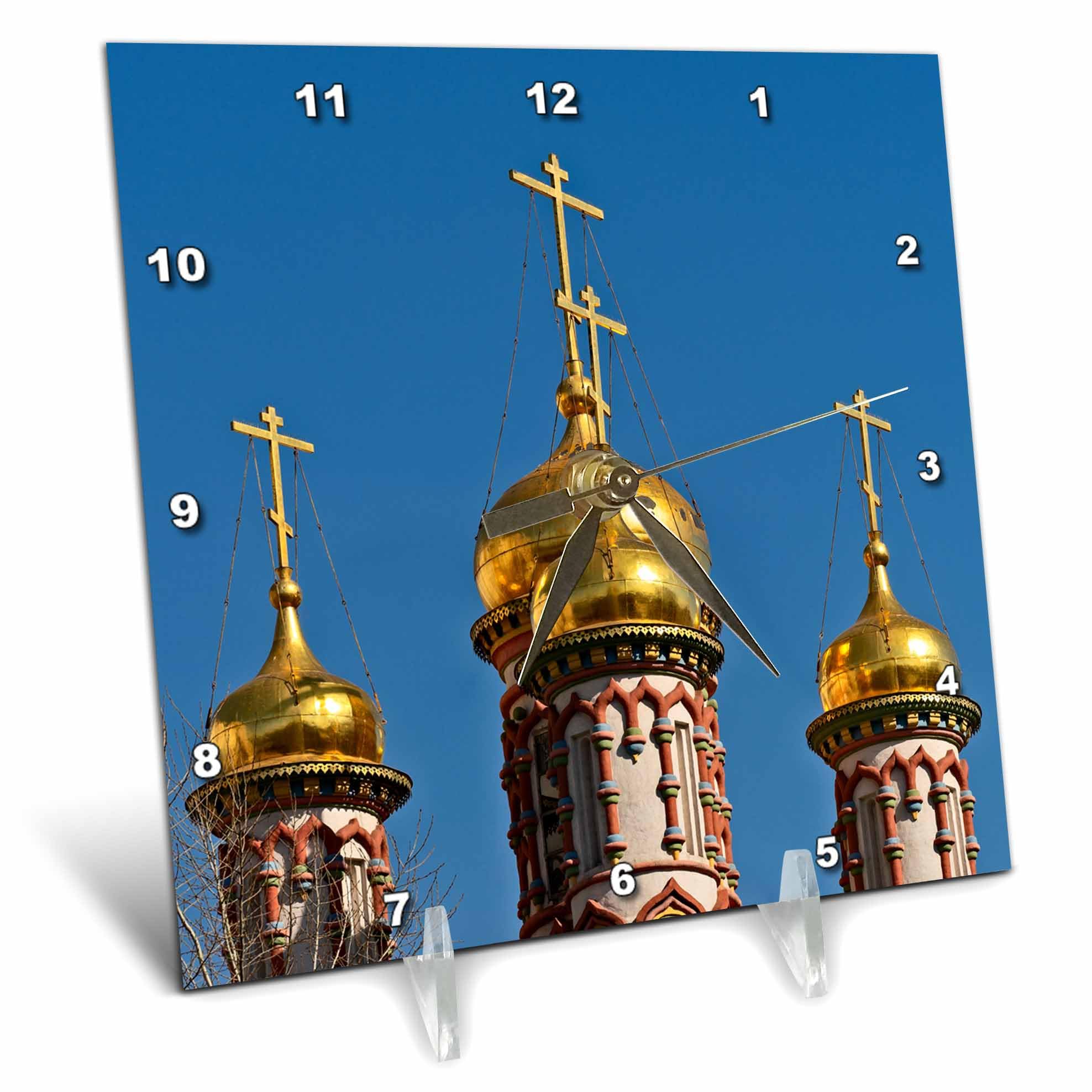 3dRose 6x6 Desk Clock - Golden Domes and Crosses of an Ancient Russian Church, Blue Sky Alexis Photography - Architecture
